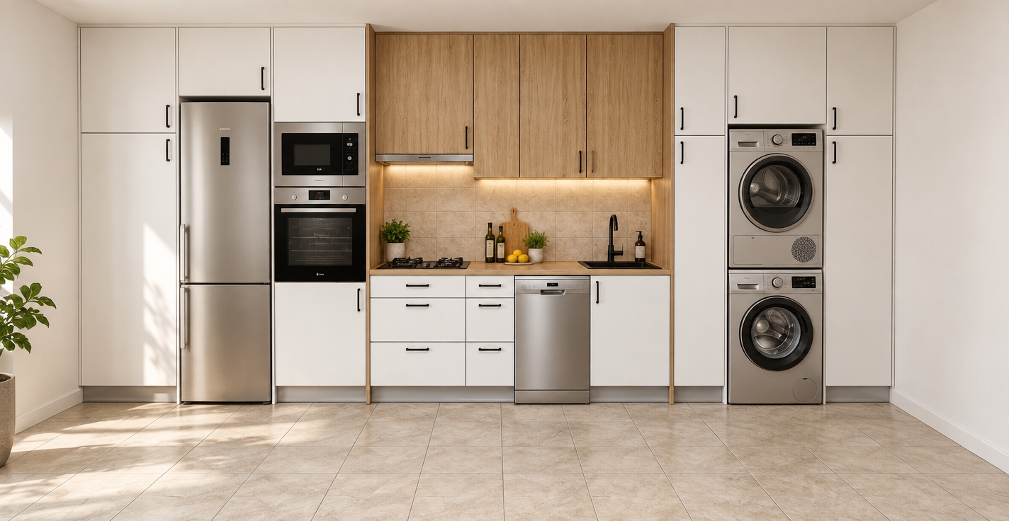 A straight-on, eye-level architectural photograph of the kitchen, preserving its exact perspective and layout while featuring a matching front-loading tumble dryer stacked directly above the washing machine inside the tall alcove. Authentic surface textures show realistic micro-details, including vertical oak wood grain, brushed stainless steel appliances, matte white cabinetry, and fine grout lines across the tiled backsplash and floor. Warm under-cabinet LED illumination combines with soft, diffused daylight to cast natural shadows and gentle specular highlights across the surfaces, accompanied by tasteful, understated culinary styling, balanced exposure, and sharp 35mm lens clarity.