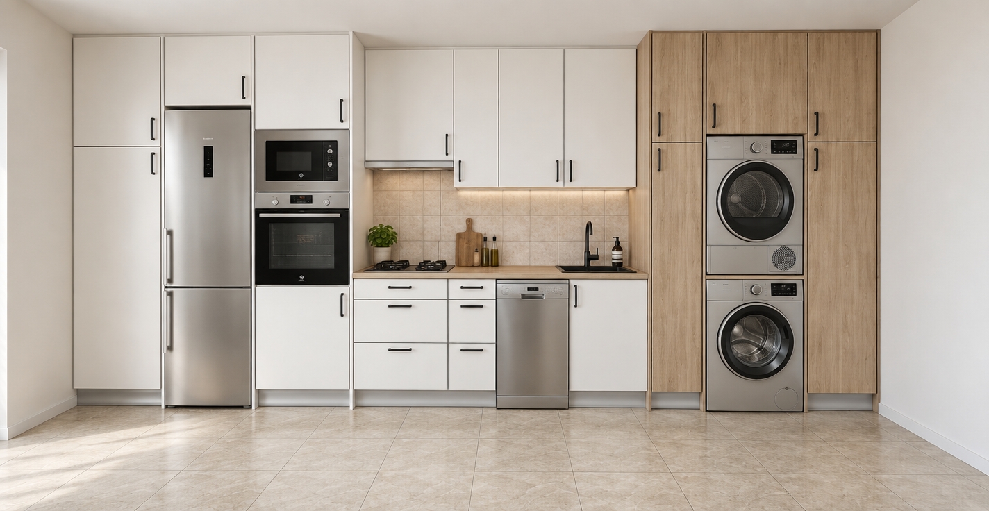 A straight-on architectural photograph of the kitchen, capturing authentic textures under soft, natural ambient daylight. The scene features smooth matte white cabinets, vertical-grain light oak cabinetry, polished stainless steel built-in appliances, and a black sink set into the countertop. Within the wooden cabinet opening, a matching modern front-load dryer is neatly installed directly above the washing machine. Tasteful, minimal countertop accents such as a small potted herb and a wooden cutting board subtly decorate the space. Balanced lighting casts gentle contact shadows and realistic reflections across the ceramic tile floor and tiled backsplash with natural photographic clarity.
