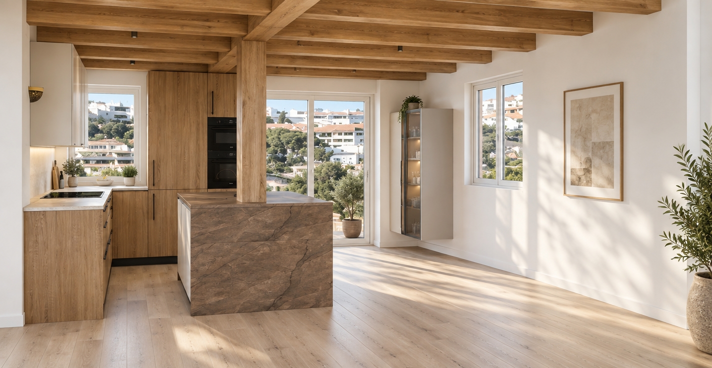 A bright, wide-angle interior photograph of this kitchen layout, accurately rendering the precise materials, geometry, and composition under natural Mediterranean daylight streaming through the windows. The exposed ceiling beams, column, and cabinetry feature authentic, matte tactile wood grain, contrasting with the detailed earthy stone veining of the island and the smooth plank flooring. Crisp, realistic lighting casts soft ambient shadows across the white walls and floor, captured with a deep depth of field, balanced dynamic range, and subtle natural lens imperfections for full photographic realism.