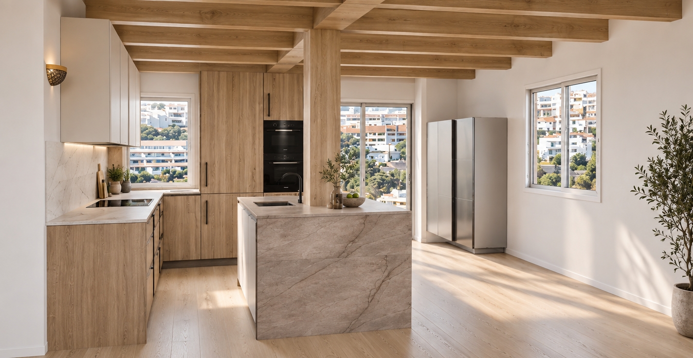 An architectural interior photograph of the kitchen, preserving the exact layout, materials, and composition under bright natural daytime light. Sunlight pours through the windows, casting soft ambient shadows across the authentic oak-grained ceiling beams, structural post, and matching cabinetry. The veined stone kitchen island, matte cabinetry, and reflective appliances feature genuine micro-textures and subtle reflections. Shot with a crisp wide-angle architectural lens, maintaining straight verticals, neutral color temperature, balanced exposure, and faint realistic light falloff across the light wood floor.