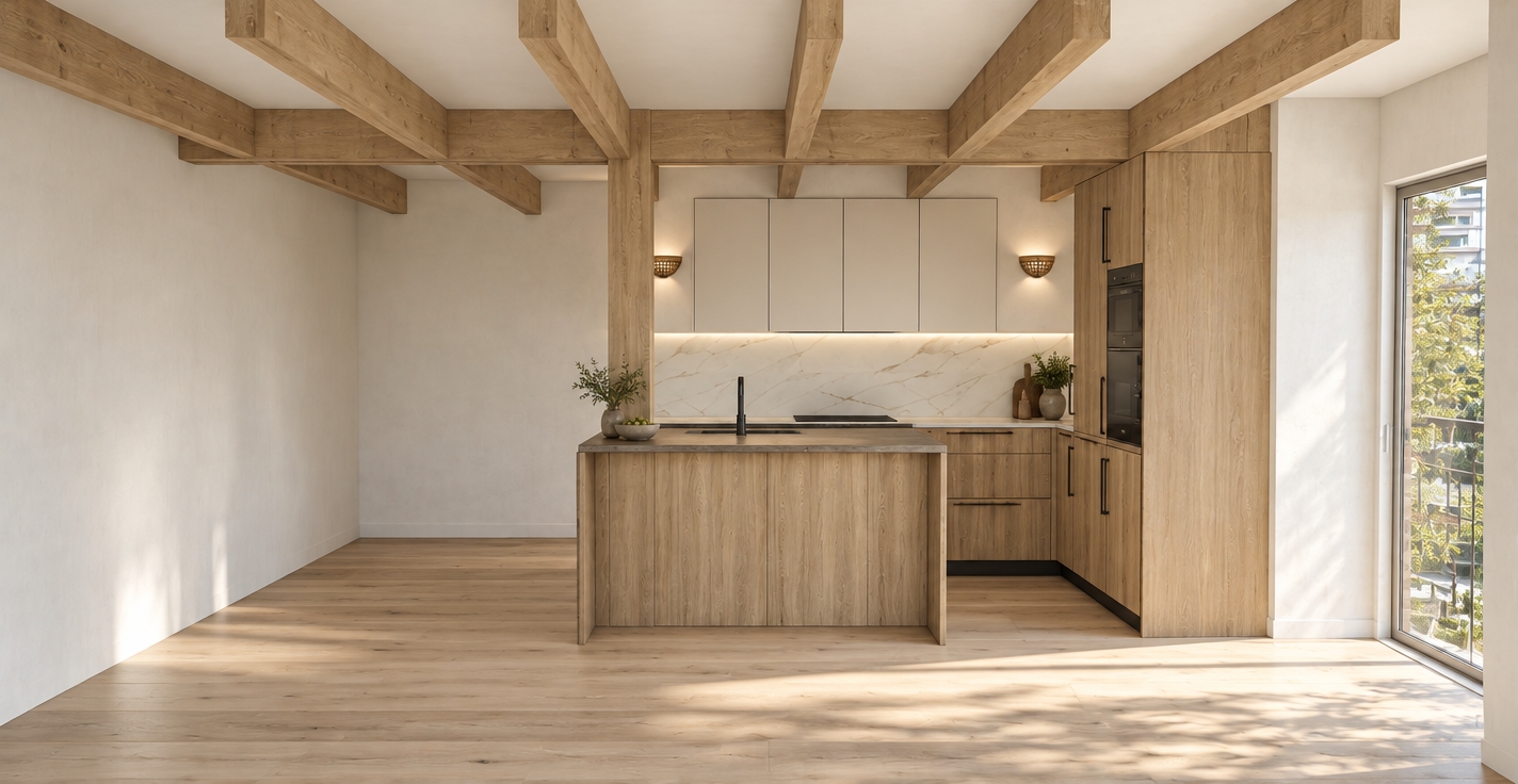 A photorealistic architectural interior photograph capturing the exact geometry and layout of the kitchen, bathed in soft, natural daylight streaming from the right-hand glass door. Authentic, tactile micro-textures define the light oak timber ceiling beams, matching wood-grain cabinetry, and island, complemented by realistic matte black hardware and subtle veining in the polished marble backsplash. Matte off-white plaster walls and pale wide-plank flooring catch gentle ambient bounce light, shot straight-on with an architectural tilt-shift lens at f/8 for sharp edge-to-edge clarity, natural depth, and balanced exposure.