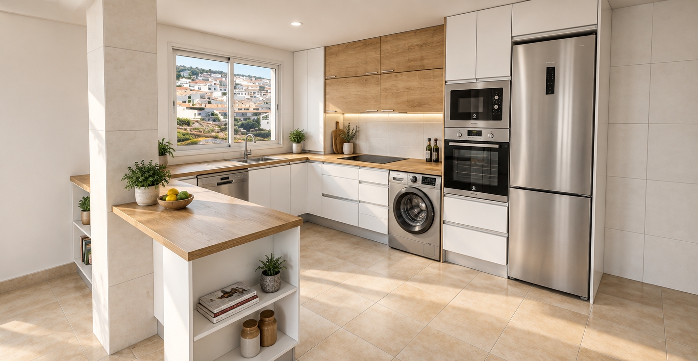 A crisp architectural photograph capturing the exact kitchen layout and maintaining all specified materials, geometry, and placement. Bright, natural daylight streams through the window framing the hillside town, casting soft directional light across the room. Render the surfaces with realistic physical textures: authentic light oak grain on the countertops and upper cabinet faces, smooth matte white cabinet finishes, brushed stainless steel on the appliances with gentle specular highlights, and clean ceramic floor tiling with defined grout lines. Captured on a professional wide-angle lens with deep depth of field, balanced interior illumination, natural contact shadows, and realistic environmental reflections.