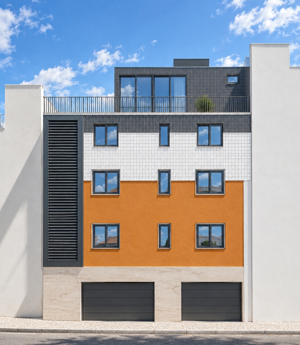 An incredibly lifelike, richly detailed, photorealistic front elevation shot of a contemporary apartment building set in a sun-drenched Algarve urban context. The scene is illuminated by crisp, natural Mediterranean midday sunlight, creating a vibrant, airy atmosphere with soft, realistic shadows that define the architectural depth. Captured with a 35mm wide-angle lens, emphasizing the intricate textures of Moleanos limestone, matte metallic surfaces, and reflective glazing.

The building facade showcases a sophisticated material palette typical of modern Portuguese design: the ground floor is grounded by elegant, honed Moleanos stone cladding with subtle, natural veining, featuring recessed slim-profile anthracite (RAL 7016) frames. Rising above, the middle levels contrast a warm ocher-orange plaster with crisp, white square tiles that catch the daylight, while the upper floors are finished in sophisticated matte dark-grey square tiles. To the left, a striking vertical strip of industrial-style metallic louvers in matching anthracite provides both texture and functional ventilation. The windows, fitted with sleek aluminum frames, feature high-clarity double glazing that realistically mirrors the brilliant azure sky and scattered white clouds. The composition is finished with a minimalist, slender dark-grey metal balustrade at the roof level, reflecting the precision of contemporary engineering against a clear summer horizon.