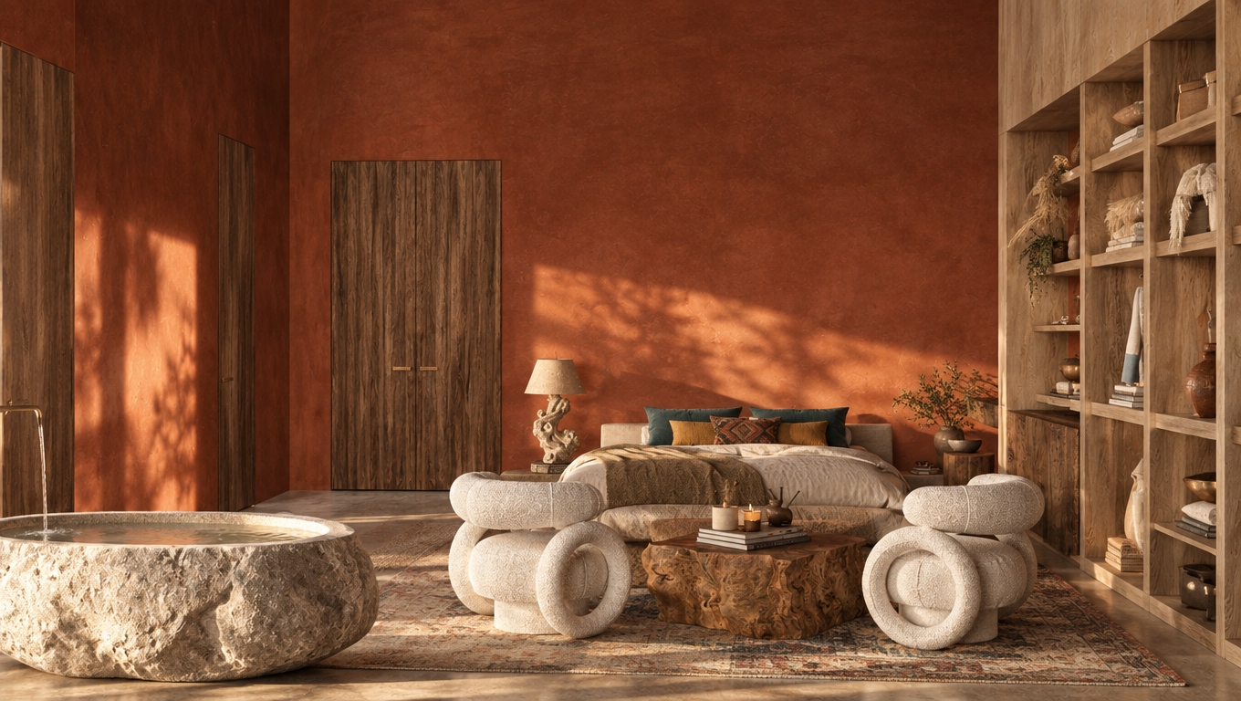 An incredibly lifelike, richly detailed, photorealistic interior shot of a sanctuary-like primary bedroom and en-suite oasis set in a desert-inspired boutique hotel. The scene is illuminated by the soft, directional glow of late afternoon golden hour, filtering through hidden apertures to cast gentle shadows across the space, creating a serene, bohemian atmosphere. Captured with a 35mm wide-angle lens, the composition highlights the tactile contrast between the raw, hand-hewn stone soaking tub in the foreground and the vibrant, textured rust-colored lime wash walls that serve as the room's heartbeat. Globally-inspired, eclectic elements populate the room, from the avant-garde, sculptural boucle lounge chairs and the raw-edge burl wood coffee table to the expansive, custom light-oak shelving unit overflowing with vintage ceramics and linen-wrapped accessories. A layered floor covering of distressed vintage rugs anchors the bed, which is nestled against the warm, earthy backdrop and accented with mustard and deep teal throw pillows that echo the organic color palette. Every surface is alive with character, from the rich grain of the full-height walnut cabinetry to the subtle, sun-bleached fibers of hanging pampas grass arrangements, rendering the space as a perfectly curated, free-spirited retreat that feels simultaneously grounded and infinitely sophisticated.