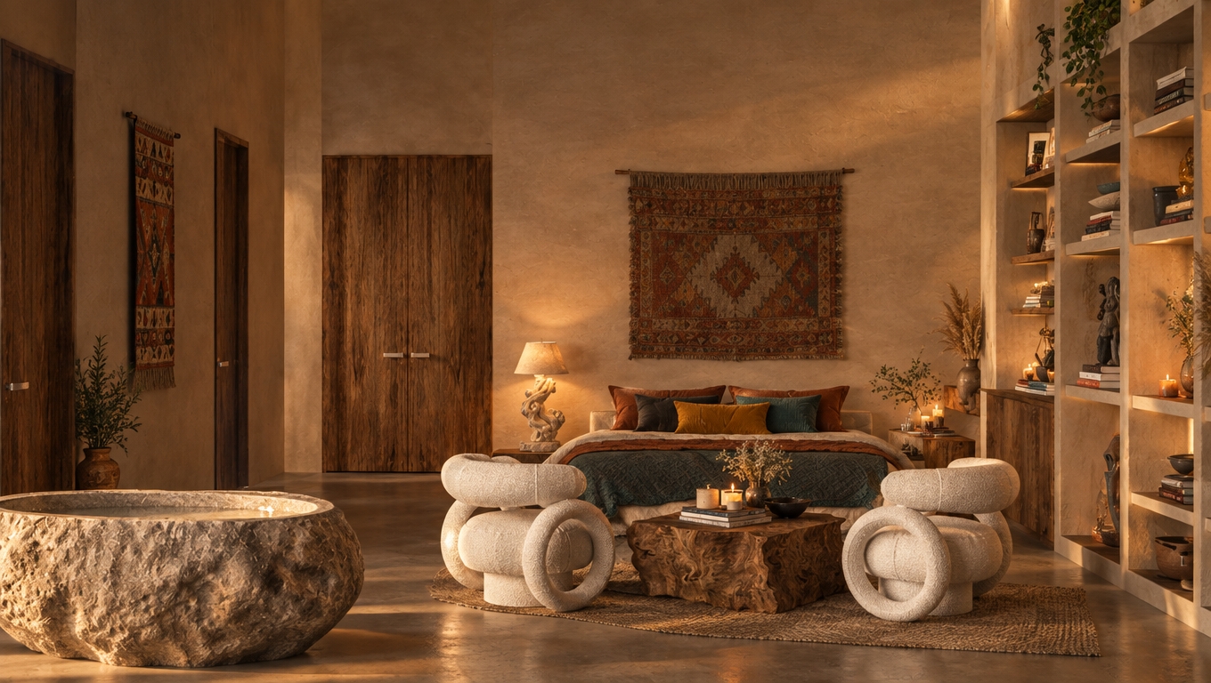 An incredibly lifelike, richly detailed, photorealistic interior shot of a bohemian oasis bedroom set in a sanctuary of refined earthy tranquility. The scene is illuminated by the soft, golden glow of a bedside lamp and flickering candle light, creating a serene, meditative atmosphere. Captured with a 35mm lens, the image emphasizes the rich textures of the rough-hewn stone bathtub in the foreground, the complex, organic wood grain of the central live-edge coffee table, and the tactile, boucle-like fabric of the iconic rounded armchairs. The room is a masterclass in layered, free-spirited design, featuring warm rust, mustard, and deep teal accents that dance against a backdrop of plastered, sandy-neutral walls. To the right, floor-to-ceiling built-in shelving showcases carefully curated vintage collectibles, while hints of greenery and pampas grass breathe life into the space. A subtle tapestry wall art piece adds a layer of global inspiration, and the perspective flows seamlessly from the raw, primitive bathtub toward the plush, inviting bed, grounding the composition in a balance between rugged natural elements and cozy, sophisticated comfort.