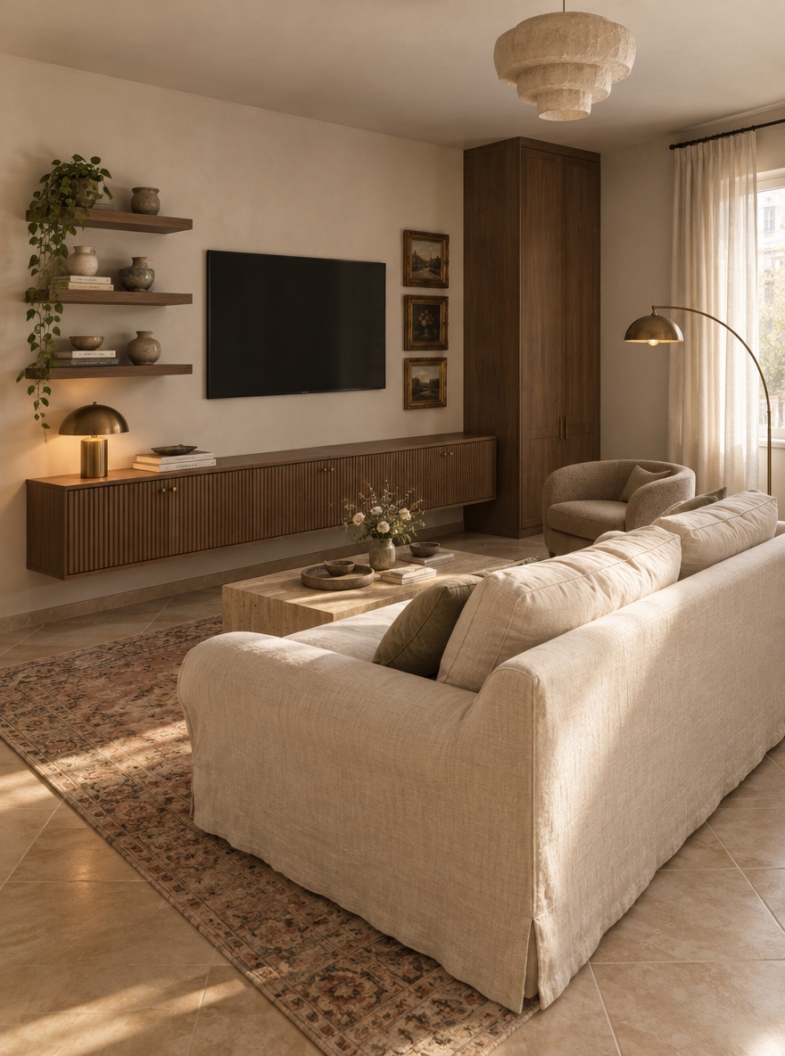 An incredibly lifelike, richly detailed, photorealistic eye-level interior photograph of a warm, refined living room set in a compact European apartment. The scene is illuminated by gentle, diffused midday spring sunlight filtering through soft window drapery, creating a luminous, serene, and deeply inviting atmosphere. Captured with a professional 50mm prime lens, emphasizing the tactile textures of washed linen, rich walnut grain, hand-finished plaster, and vintage gilded frames without any wide-angle distortion.

Retaining the apartment’s original diagonal light ceramic floor tiles, the space embraces authentic, realistic proportions—celebrating its compact footprint and standard ceiling height with tailored, human-scaled sophistication. 

The focal wall, precisely 330 centimeters in width, has been completely reimagined with a balanced, asymmetrical architectural composition. Spanning the left side, three floating solid walnut shelves (each 70 centimeters wide) hang at tasteful, staggered heights; they are artfully styled with stacks of clothbound books, matte ceramic vessels, glazed stoneware bowls, and a delicate trailing plant that cascades gracefully down the side. 

Directly adjacent hangs a sleek 55-inch television, mounted completely flush against the crisp, warm-white wall with no visible cables, its matte dark display turned off and blending seamlessly into the vignette. 

To the immediate right of the screen, a precise vertical column of three framed miniature oil paintings hangs stacked one above the other in slender, antique tarnished-gold and dark wood frames, adding historic depth and intimate character. 

Anchoring the far right edge of the wall, exactly reaching the corner, stands a bespoke 50-centimeter-wide cabinet that stretches cleanly from the floor all the way to the ceiling; its tall, slender doors feature understated decorative paneling and subtle recessed pulls, offering generous concealed vertical storage.

Underneath the floating shelves, the television, and the vertical artwork trio runs an integrated low floating sideboard, terminating flush where the tall floor-to-ceiling cabinet begins. Mounted with a crisp 5-centimeter shadow gap beneath it, this 40-centimeter-high credenza features beautifully textured, reeded cabinet fronts accented by discrete brushed brass knobs. Sitting atop its warm timber surface is a spun-brass dome table lamp, casting a subtle metallic gleam beside a neat stack of art monographs.

Facing the focal media wall, a tailored 218-centimeter-long three-seater sofa takes center stage. Upholstered in a heavy, cream-toned natural linen slipcover, it features soft rolled arms, plump down cushions, and a relaxed fabric skirt extending all the way down to conceal the frame. Grounding the seating area is an authentic vintage Oushak rug, softly faded into muted tones of dusty rose, warm taupe, and oatmeal. 

In the sunlit corner by the window, a petite, curved swivel armchair upholstered in a textured bouclé or taupe velvet angles toward the sofa, creating an intimate conversation zone. In front of the sofa rests an understated low-profile coffee table in travertine or solid oak, accessorized with a small ceramic tray and fresh-cut botanical stems. 

Arching gracefully from the periphery, a slender brass floor lamp sweeps an elegant curve over the lounge, while overhead, an artisanal textured-plaster tiered pendant fixture replaces the outdated spotlighting, casting a soft sculptural silhouette against the ceiling. Through the clean-trimmed window, a gentle springtime glow highlights soft sheer linen curtains, framing a tranquil day and unifying the room into a deeply comfortable, collected modern fusion sanctuary.