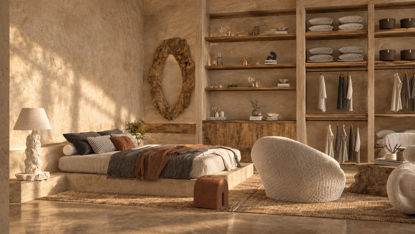 An incredibly lifelike, richly detailed, photorealistic interior shot of a serene desert retreat bedroom set in a tranquil, arid environment. The scene is illuminated by soft, sun-drenched golden light filtering across the space, creating a warm, meditative, and organic atmosphere. Captured with a 35mm lens, emphasizing the tactile beauty of the hand-plastered adobe walls, the ruggedly textured oval wooden wall sculpture, and the seamless integration of raw timber shelving against the earth-toned backdrop. A low-profile platform bed, upholstered in layers of crisp linen and cozy wool in shades of terracotta, beige, and slate, rests upon a plush, grounding rug, while a sculptural, bouclé-textured armchair invites relaxation nearby. The open-concept wardrobe displays curated apparel with minimalist precision, framed by warm, natural wood cabinetry that complements the room's pared-down aesthetic. Subtle desert-inspired details, including dried botanical accents and small stone vessels, are placed thoughtfully throughout the shelves, enhancing the Southwestern elegance. The composition masterfully balances the rough, porous surfaces of the limestone-like floor and walls with the softness of the textiles, conveying a sense of grounded, sun-baked stillness that defines this refined, nature-inspired sanctuary.