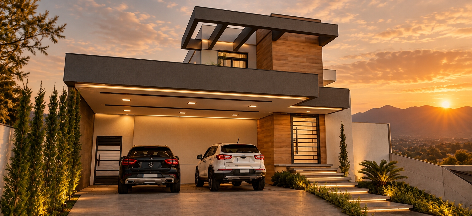 A photorealistic architectural photograph preserving the exact composition, geometry, and structures of the modern residence, set against a backdrop of distant mountains at golden-hour sunset. Warm, low-raking sunlight bathes the exterior facades, casting long soft shadows across the concrete driveway and revealing subtle wood grain, smooth stucco textures, and authentic gloss reflections on the two parked SUVs. The sky displays warm amber and dusky tones above the natural mountain silhouettes, balanced by soft, warm recessed lighting beneath the carport, all captured through a sharp wide-angle lens with natural photographic dynamic range.