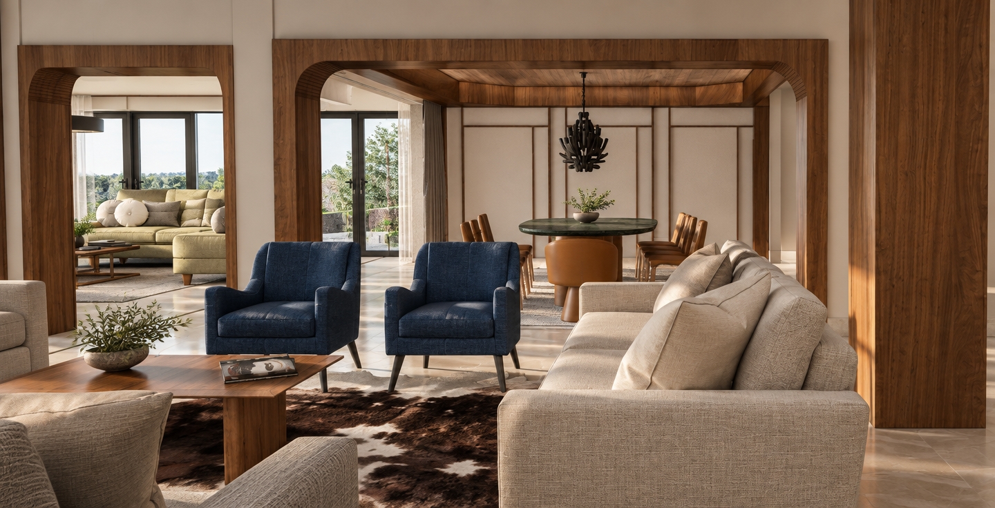 An architectural photograph preserving the exact composition and layout, captured with a 35mm lens. Soft natural daylight filters through the rear glass doors, balanced by warm, subtle ambient interior light. The rich walnut arches display authentic wood grain and a soft satin sheen, framing the dining area beyond. In the foreground, the beige sofa exhibits finely woven textile textures with gentle creases in the cushions, paired with deep blue fabric on the accent armchairs and an organic hair-on-hide rug. Surfaces feature true-to-life material physics, from the matte black chandelier to realistic reflections on the flooring and wood coffee table, completed by soft contact shadows and a clean, balanced exposure.