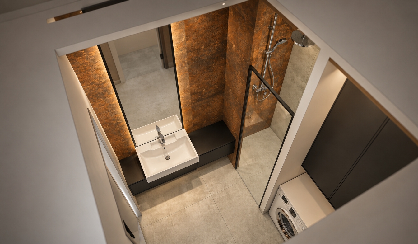 A high-angle architectural photograph capturing the exact bathroom layout, illuminated by warm recessed interior lighting that casts soft, natural shadows and gentle highlights across every surface. The rust-toned, corten-textured wall tiles exhibit rich tactile depth, complementing the matte black vanity surfaces, the polished chrome fixtures, and the clean white ceramic sink. The framed glass shower panel and the tall mirror display realistic specular reflections of the room, while the light gray concrete floor features subtle texture and clean grout lines. Captured with a sharp wide lens, deep depth of field, natural exposure balance, and faint film grain to ensure authentic photographic realism.