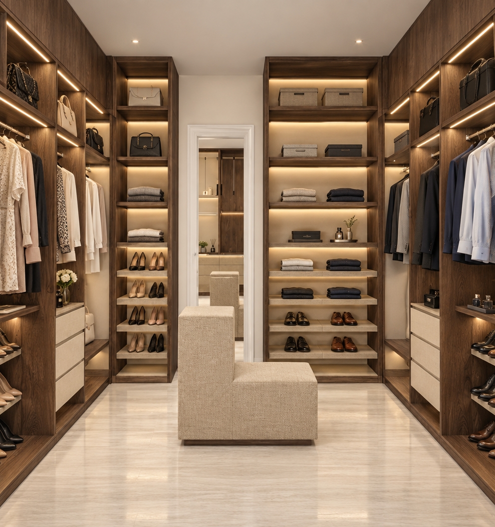 A real architectural photograph of the walk-in closet, keeping the exact layout, dark wood framing, and neutral finishes intact. Warm integrated LED strip lighting lines the shelving and hanging rods, casting soft diffuse light throughout. The right side features neatly hung men's shirts and suits on the hanging rails, with men's dress shoes organized on the right pull-out racks. The left side is styled with women's apparel on hangers, neatly folded garments, high heels arranged on the left pull-out shoe shelves, and designer handbags displayed along the upper fixed shelving. The center bench is upholstered in an authentic woven beige fabric. Natural interior lighting accents realistic wood grain textures, tactile cloth folds, subtle reflections on the light floor, and delicate ambient shadows.
