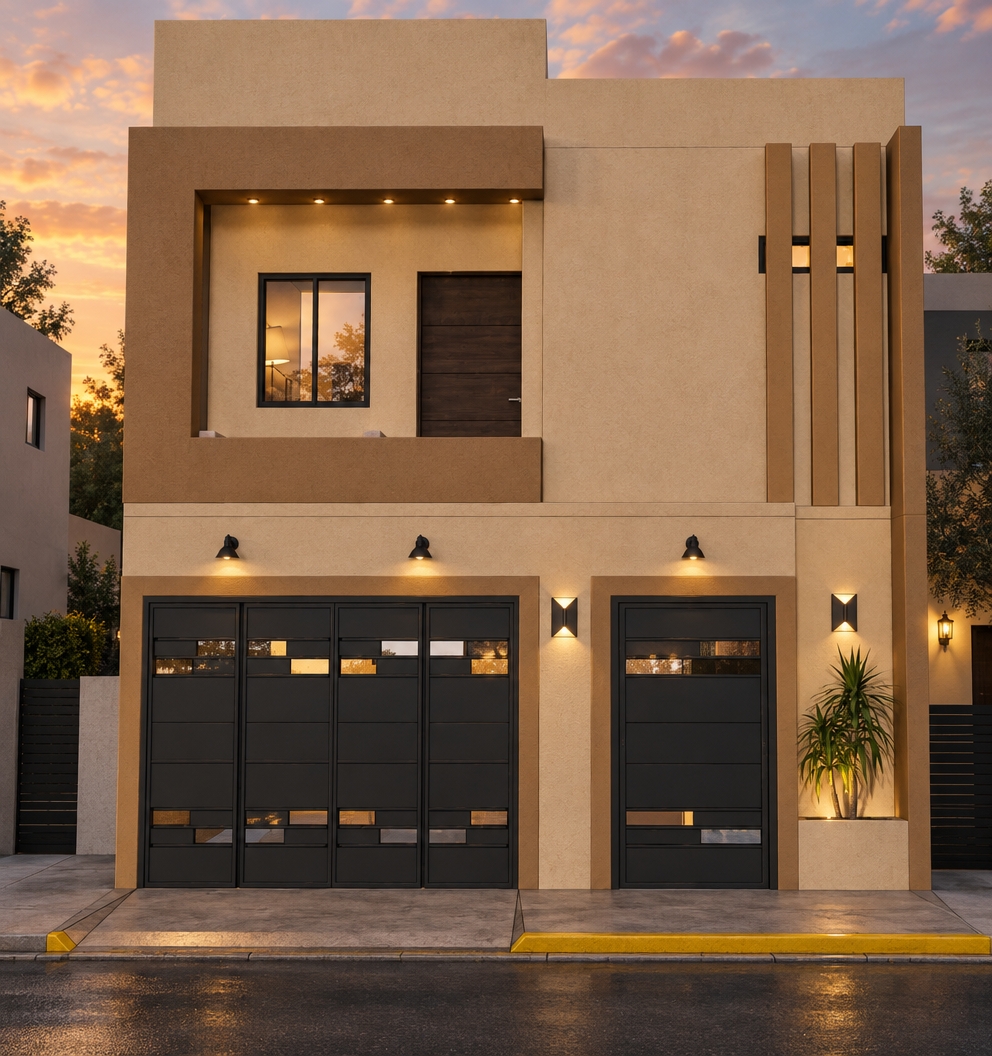 Straight-on architectural photograph captured during a warm golden-hour sunset, strictly preserving the exact geometry and composition of the two-story facade. The exterior walls feature realistic, fine-textured concrete stucco painted in warm dulce de leche and soft croissant tan. The garage and pedestrian gates are constructed of matte dark carbon steel with clear glass inset panels, displaying subtle metallic sheen and natural reflections. Warm light emanates softly from the exterior wall sconces, while the planter holds a vivid, lifelike green plant. Flanking neighboring houses are subtly visible on either side under a soft dusk sky, complemented by photorealistic asphalt, crisp sidewalk textures, and natural sunset light falloff.