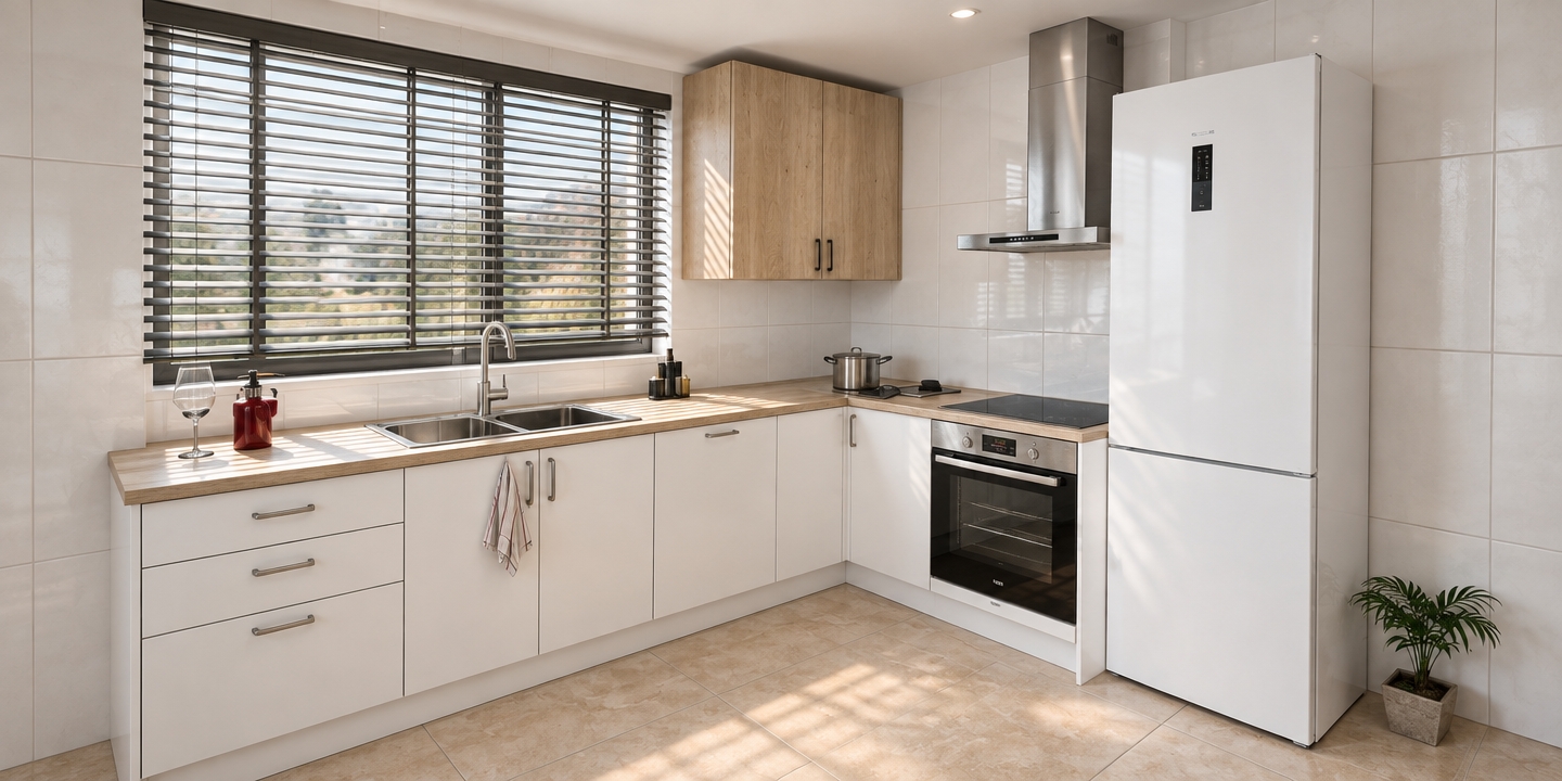 A crisp architectural photograph faithfully capturing the exact geometry, layout, and colors of the modern kitchen. Soft daylight streams through the window blinds, casting delicate horizontal shadows across the natural light-wood countertop and stainless steel sink. The lower cabinets feature a smooth matte white finish with metallic hardware, paired with authentic wood grain on the upper wall unit and neutral beige ceramic floor tiles. Accurate reflections glint on the brushed stainless steel hood, glass oven door, and tall white refrigerator, while the glossy white wall tiles exhibit realistic grout micro-texture and soft ambient bounced light, creating a natural, lifelike interior photograph.