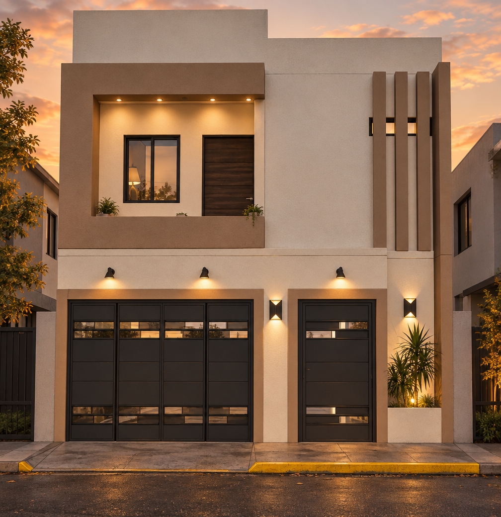 An architectural photograph captured during a warm golden-hour sunset, focusing squarely on the frontal elevation of the two-story townhouse flanked symmetrically by partially visible neighboring houses. The building features realistic matte off-white concrete plaster contrasted by smooth caramel dulce-de-leche painted accents, a rich dark wood upper balcony door, and dark carbon steel garage gates and entry door fitted with clear, reflective glass inserts. Warm evening light emanates exclusively from the existing wall-mounted sconces and recessed facade fixtures, casting soft glows against the walls beneath a subtle sunset sky, complete with realistic asphalt textures, gentle surface imperfections, and natural potted foliage.