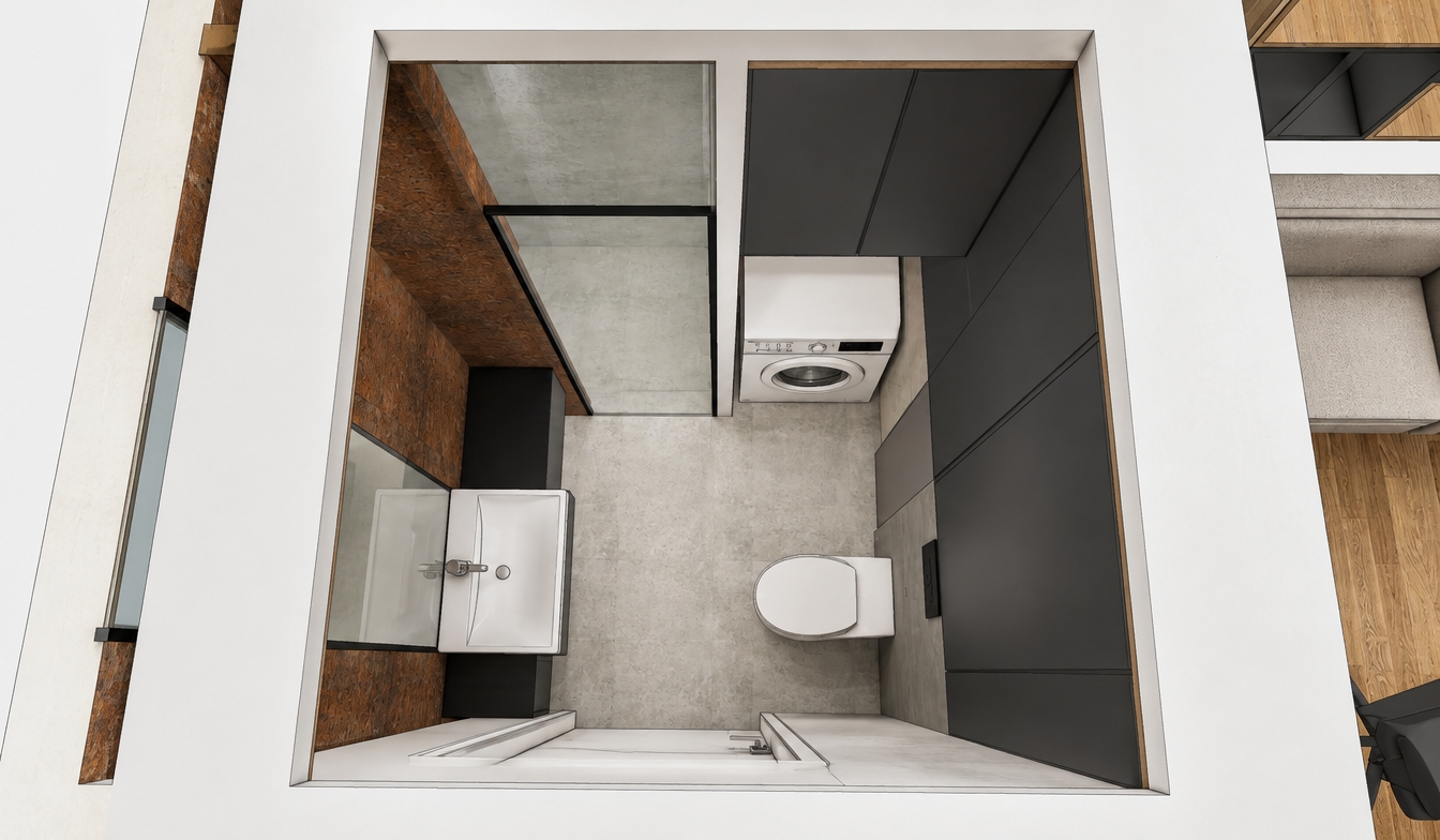 A high-angle architectural photograph capturing this compact modern bathroom layout with realistic lighting and physical materials, maintaining the exact perspective and composition. Soft neutral ambient light illuminates the space, casting subtle contact shadows beneath the fixtures. The warm, weathered corten-steel textured wall contrasts with the smooth matte dark charcoal cabinetry, light gray concrete floor tiles, and pristine white ceramics of the sink, toilet, and washing machine. Clear glass surfaces show faint, delicate reflections, while matte and glossy finishes across the chrome faucet, porcelain, and cabinet panels exhibit physically accurate sheen, crisp edge definitions, and a touch of natural photographic grain.
