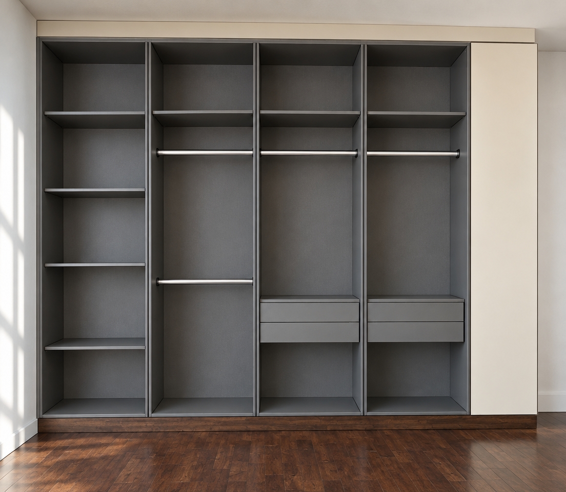 A straight-on architectural photograph of the built-in modular wardrobe, preserving the exact layout, geometry, and composition of the scene. The cabinetry is rendered with realistic matte slate-grey laminate panels with subtle surface texture, brushed aluminum hanging rods, a smooth cream side panel, and dark hardwood parquet flooring displaying authentic grain and gentle specular sheen. Bright midday summer daylight illuminates the room with clean natural light, casting soft, realistic ambient shadows deep within each compartment and drawer recess. Shot with a crisp architectural lens, the image features balanced dynamic range, lifelike material finishes, and subtle photographic sensor grain.