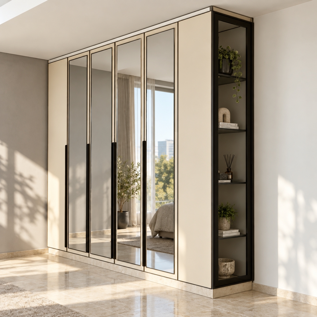A crisp architectural photograph capturing the exact modern wardrobe unit under bright, natural midday summer sunlight. The sleek matte cream cabinetry, black-framed open glass shelving, and full-length mirrored door panels reflect realistic room daylight with delicate surface dust and faint reflections. Natural ambient bounce light gently washes over the warm beige floor tiles and smooth neutral walls, establishing realistic contact shadows, balanced exposures, and authentic photographic depth.