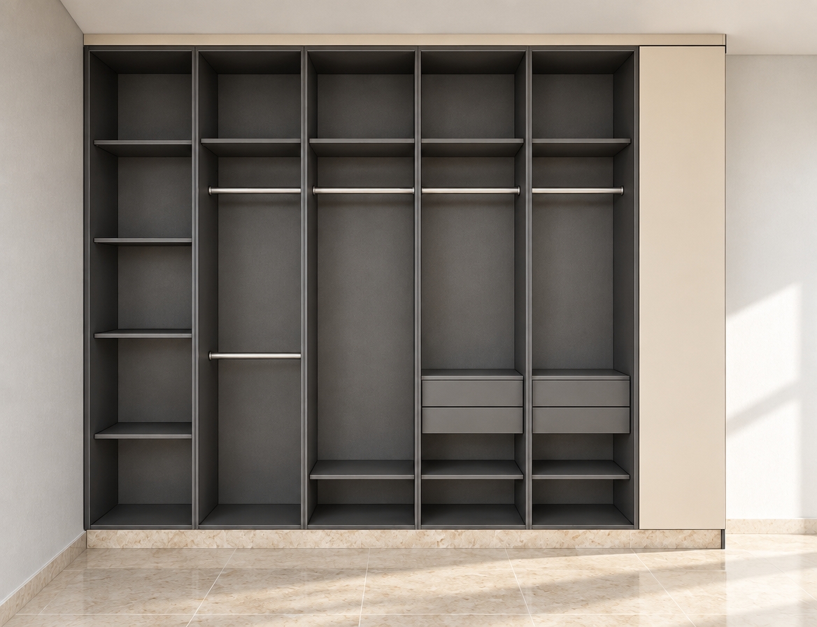 A crisp architectural photograph captures the built-in modular wardrobe under harsh, bright summer midday light. Diffused 5500K natural sunlight enters from the open room, casting soft gradients and realistic contact shadows deep inside the matte dark-grey laminated compartments, shelves, and lower drawers. The brushed aluminum hanging rods show faint metallic specular highlights, while the cream-toned side panel, base trim, and polished light stone floor display authentic micro-textures and subtle ambient reflections. Captured with a straight-on 35mm interior lens at f/8, the image maintains exact geometry and perspective, accented by fine film grain, natural edge soft roll-offs, and faint dust particles catching the ambient daylight.