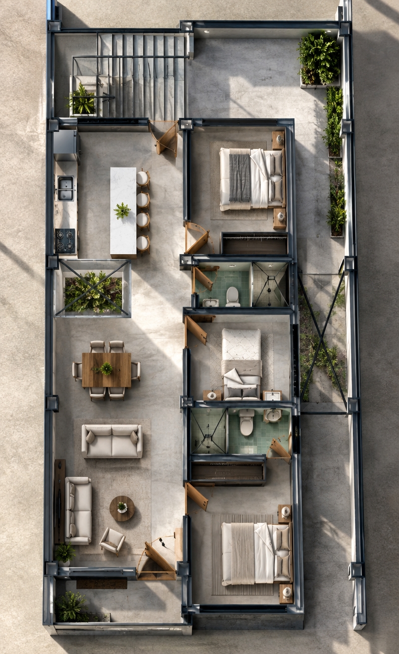 An incredibly lifelike, richly detailed, photorealistic top-down architectural cutaway shot of a modern fusion residence set in a sun-drenched urban environment. The scene is illuminated by crisp, radiant midday summer sunlight pouring straight through the open patio and integrated light-wells, creating a clean, dynamic, and uplifting atmosphere. Captured with a high-resolution medium-format camera and an ultra-sharp tilt-shift lens, emphasizing seamless polished concrete flooring, rich walnut millwork, matte black metal accents, and lush emerald greenery thriving in the rear courtyard. Inside this open-concept layout, an industrial-inspired kitchen features a sleek waterfall breakfast bar flanked by designer stools, seamlessly transitioning into an airy dining room and minimalist living lounge styled with modular charcoal sofas and bold abstract wall art. Sunlight defines the geometric precision of the private bedrooms and contemporary glass-and-tile bathrooms, while soft exterior shadows fall across the steel staircase and tranquil side walkway, delivering an exquisite harmony of urban elegance and architectural serenity.