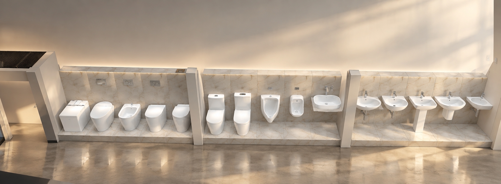 An incredibly lifelike, richly detailed, photorealistic wide-angle eye-level shot of a minimalist Kohler product showroom set in a serene, high-end commercial environment. The scene is illuminated by the soft, golden glow of a summer sunrise filtering through invisible apertures, creating a tranquil, sophisticated atmosphere that highlights the crisp white vitrified china and polished chrome finishes of the display. Captured with a 24mm wide-angle lens, the image emphasizes the pristine, non-porous textures of the premium fixtures as they are showcased against a backdrop of seamless, vein-matched Calacatta marble wall panels. The arrangement begins on the far left with the ultra-modern Numi 2.0 smart toilet, followed by the elegant contours of the Veil toilet and bidet, the sleek Presquile and Span models, and the contemporary ModernLife suite, leading the eye toward the Bardon urinal with its precision-engineered Summon sensor. Further right, the display transitions into an exquisite collection of basins, featuring the sophisticated Vive sink, the soft organic lines of the Karess, and an array of Span and pedestal-mounted sinks, including a space-efficient wall-mount corner model. The composition is balanced and orderly, with each fixture meticulously positioned to suggest a gallery-like experience where the interplay of light and shadow defines the graceful silhouettes and ergonomic engineering of the Kohler collection, all set against a floor of polished concrete that reflects the ambient warmth of the dawn.