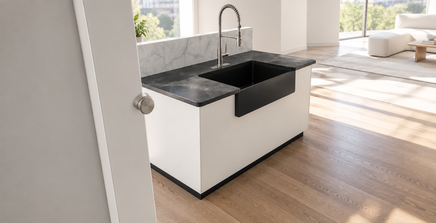An incredibly lifelike, richly detailed, photorealistic interior perspective of a sleek kitchen island set in a minimalist haven. The scene is illuminated by soft, natural midday light streaming in from the spring sun, creating a bright, serene, and airy atmosphere. Captured with a 35mm lens, emphasizing the crisp contrast between the matte black Kohler farmhouse sink and the pristine white cabinetry. The countertop features a deep, charcoal soapstone finish with subtle veining that flows seamlessly into a sophisticated white Carrara marble backsplash. A professional-grade, stainless steel pull-down kitchen faucet by Kohler stands as a polished centerpiece, catching the sunlight with sharp, clean highlights. The composition is balanced and uncluttered, focusing on the tactile quality of the stone and the smooth, seamless joinery of the cabinetry, evoking a sense of calm, modern refinement.