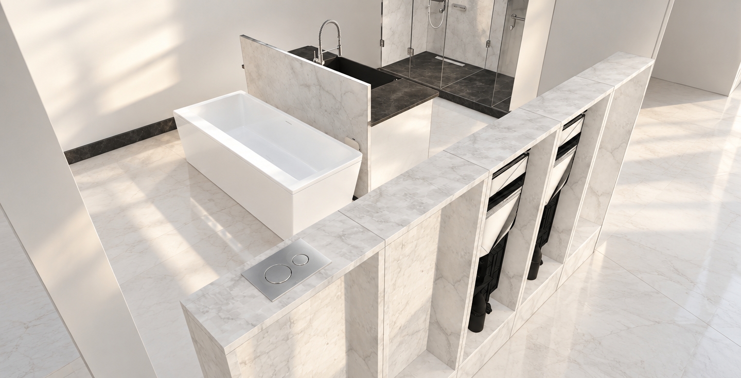 An incredibly lifelike, richly detailed, photorealistic high-angle interior shot of a bespoke bathroom exhibition space set in a minimalist haven. The scene is illuminated by the soft, diffused glow of a spring sunrise, creating a serene and airy atmosphere. Captured with a 35mm lens, emphasizing the crisp contrast between the polished marble textures and the sleek Kohler fixtures.

The composition centers on a sophisticated white Kohler freestanding square bathtub, positioned gracefully before a kitchen-style vanity finished in deep, dramatic stone. A prominent marble-clad partition wall stands in the foreground, serving as a functional platform that displays the backside of a sleek, concealed Kohler in-wall toilet tank system. Further into the space, a glass-enclosed Kohler shower cubicle features subtle, high-end hardware that catches the morning light. The refined, minimalist design is grounded by the cool, luminous white surfaces of the architecture, which enhance the sense of depth and luxury within this quiet, contemplative suite.