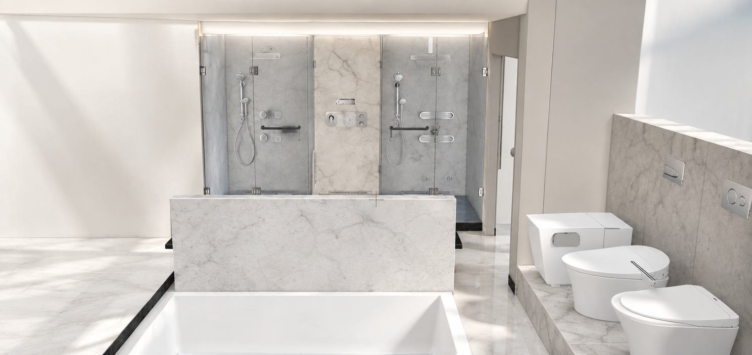 An incredibly lifelike, richly detailed, photorealistic interior perspective of a luxurious dual-shower sanctuary set in a minimalist exhibition space. The scene is illuminated by soft, diffused midday light streaming through a high aperture, creating a serene, spa-like atmosphere. Captured with a 24mm wide-angle lens, emphasizing the crisp textures of vein-matched Statuario marble and the polished chrome brilliance of the high-end plumbing fixtures.

The space is a masterclass in clean-lined symmetry. To the right, the first shower alcove showcases the K-99243 telephone shower mounted beside a pair of K-26300-G-CP Statement oblong body sprays, precision-installed at 1000mm and 1100mm heights, with a perfectly centered floor drain. In the central marble partition, the Wilro Opine Haven concealed mixer stands alongside the sleek interface of the Kohler Anthem 3 control panel and the refined Taut shower mixer. The left alcove contrasts beautifully with a technical arrangement of the K-99243 telephone shower, complemented by a sophisticated mix of K-8014-CP round and K-8002-CP square WaterTile body sprays, finished with the Statement sound body spray for a multi-sensory experience. The foreground features a low-profile, marble-clad soaking tub, while to the right, a pair of futuristic Numi toilets sits elegantly on a raised marble plinth. Every surface reflects a subtle, cool glow, highlighting the seamless integration of water technology and architectural stone in this peaceful, spring-inspired retreat.