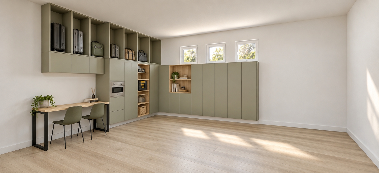 A photorealistic interior photograph preserving the exact room layout, olive-toned cabinetry, light wood accents, and camera perspective, naturally illuminated by daylight from the small windows. Neatly arrange luggage and travel suitcases inside the upper open storage niches, place two minimalist chairs tucked under the wooden desk, and position a realistic toolbox on one of the tall open wooden shelves. Render crisp, authentic material textures including smooth matte laminate cabinet surfaces, natural light wood grain, clean white walls, and a realistic floor finish, captured with sharp focus, soft realistic ambient occlusion shadows, gentle specular highlights, and subtle photographic lens warmth.