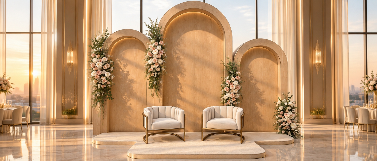 An incredibly lifelike, richly detailed, photorealistic wide-angle shot of a bespoke wedding stage set in an ultra-luxurious, high-ceilinged ballroom. The scene is illuminated by the golden, honeyed glow of a summer sunset filtering through expansive floor-to-ceiling windows, creating a dreamy, romantic atmosphere. Captured with a 35mm lens, emphasizing the intricate wood grain of the triple-arched backdrop and the plush, velvet texture of the cream-colored tufted armchairs.
The composition centers on a triptych of stepped, light-oak arches that provide a warm, organic frame for the bridal seating. Cascading floral arrangements of soft blush roses, delicate white peonies, and trailing eucalyptus vines are artfully pinned to the pillars, their shadows dancing softly against the light timber panels in the late afternoon sun. The pair of modern armchairs, featuring brushed gold metallic frames, sit elegantly on a seamless, champagne-toned circular stage. The lighting is soft and diffused, highlighting the subtle reflections on the gold accents and the fine fibers of the upholstery, evoking an air of serene, refined opulence. Every detail, from the gentle play of light and shadow to the crisp, high-definition textures, renders the space as a masterpiece of contemporary wedding design, exuding both warmth and modern sophistication.