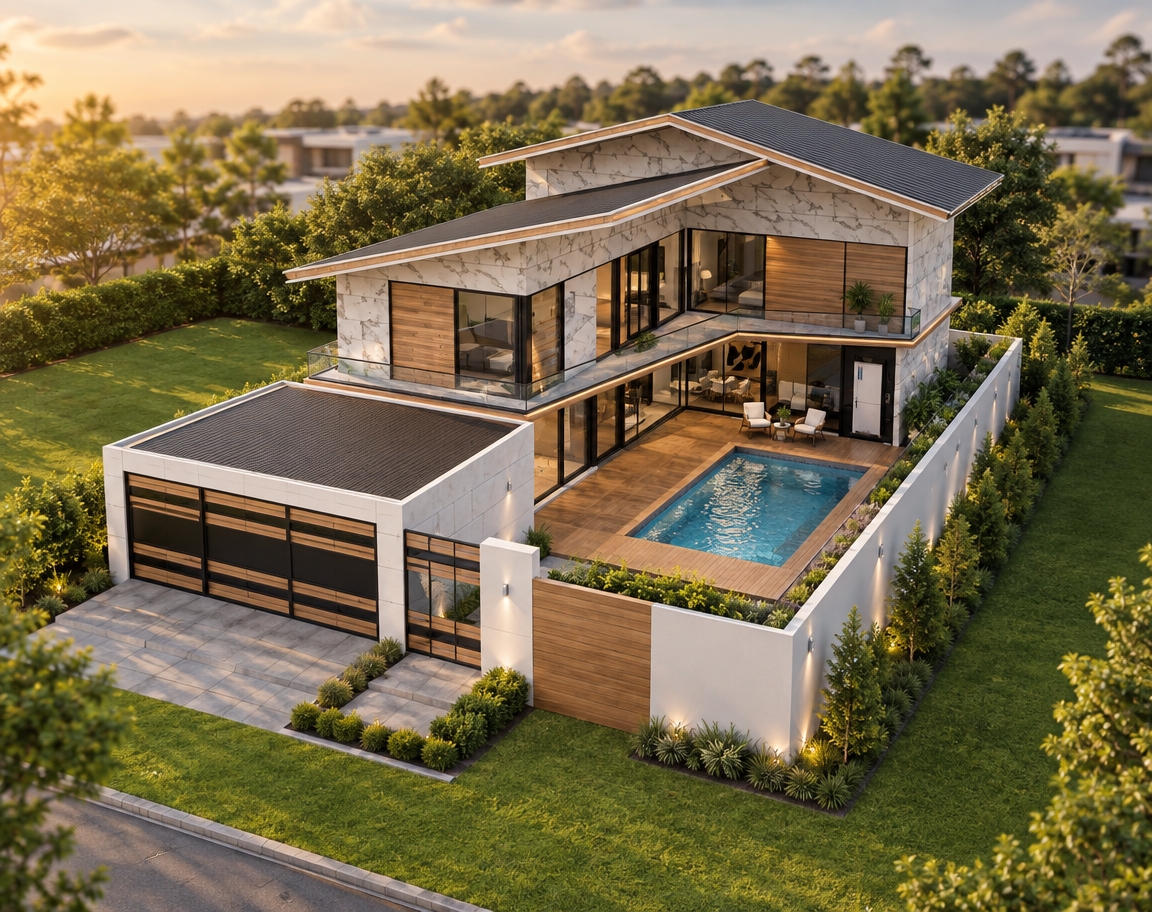 An incredibly lifelike, richly detailed, photorealistic bird’s-eye architectural rendering of a modern fusion villa set in a pristine suburban landscape. The scene is illuminated by the soft, diffused light of a late afternoon sun, creating a serene and inviting atmosphere. Captured with a high-end tilt-shift lens to accentuate the clean, geometric lines of the structure, the image highlights the sophisticated interplay between industrial-inspired metal accents and warm, natural timber cladding. 

The architecture features a bold, modular silhouette defined by sleek white surfaces and striking marble-textured paneling that contrasts elegantly with dark, charcoal-toned roofing. Large, floor-to-ceiling glass walls dissolve the boundary between the interior living space and the outdoor deck, revealing a glimpse of a minimalist, open-concept lounge styled with abstract wall art and a palette of monochrome tones punctuated by vibrant, curated accents. A sparkling, crystalline rectangular pool serves as the centerpiece of the terrace, framed by smooth, polished decking and lush, meticulously manicured greenery that flows seamlessly toward the perimeter wall. The composition captures the perfect harmony of contemporary luxury, where the sharp, industrial precision of the garage structure meets the soft, organic warmth of the residential garden retreat.