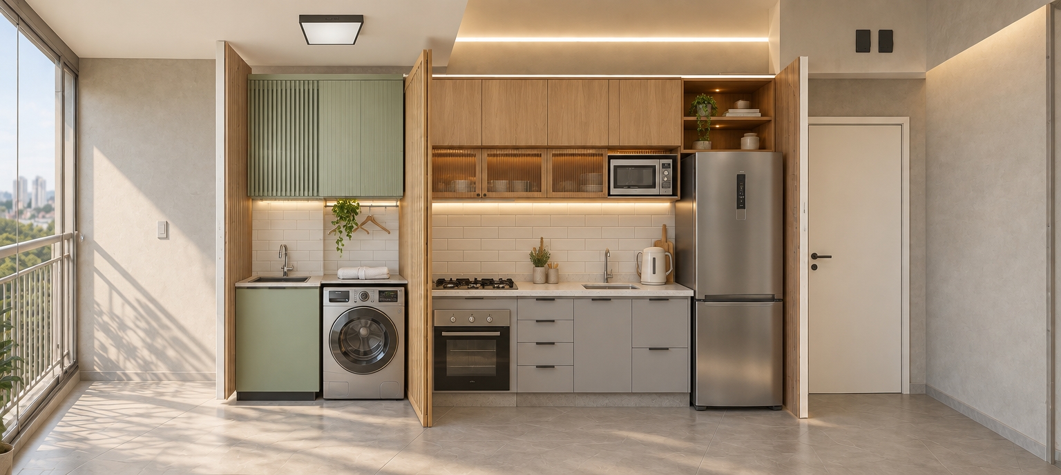 A clean architectural photograph capturing the exact layout, geometry, and perspective of the space under soft, warm daytime lighting streaming from the left balcony. The floor is finished in satin gray porcelain tiles with soft diffuse reflections, while the walls display a delicate light gray marmorato plaster texture. The laundry cabinets on the left feature a smooth light green matte finish, paired with light gray lower kitchen cabinets and upper cabinetry crafted from light freijó wood grain. Appliances show authentic brushed stainless steel surfaces with realistic anisotropic highlights, balanced by natural ambient occlusion, gentle contrast, and subtle photographic depth.