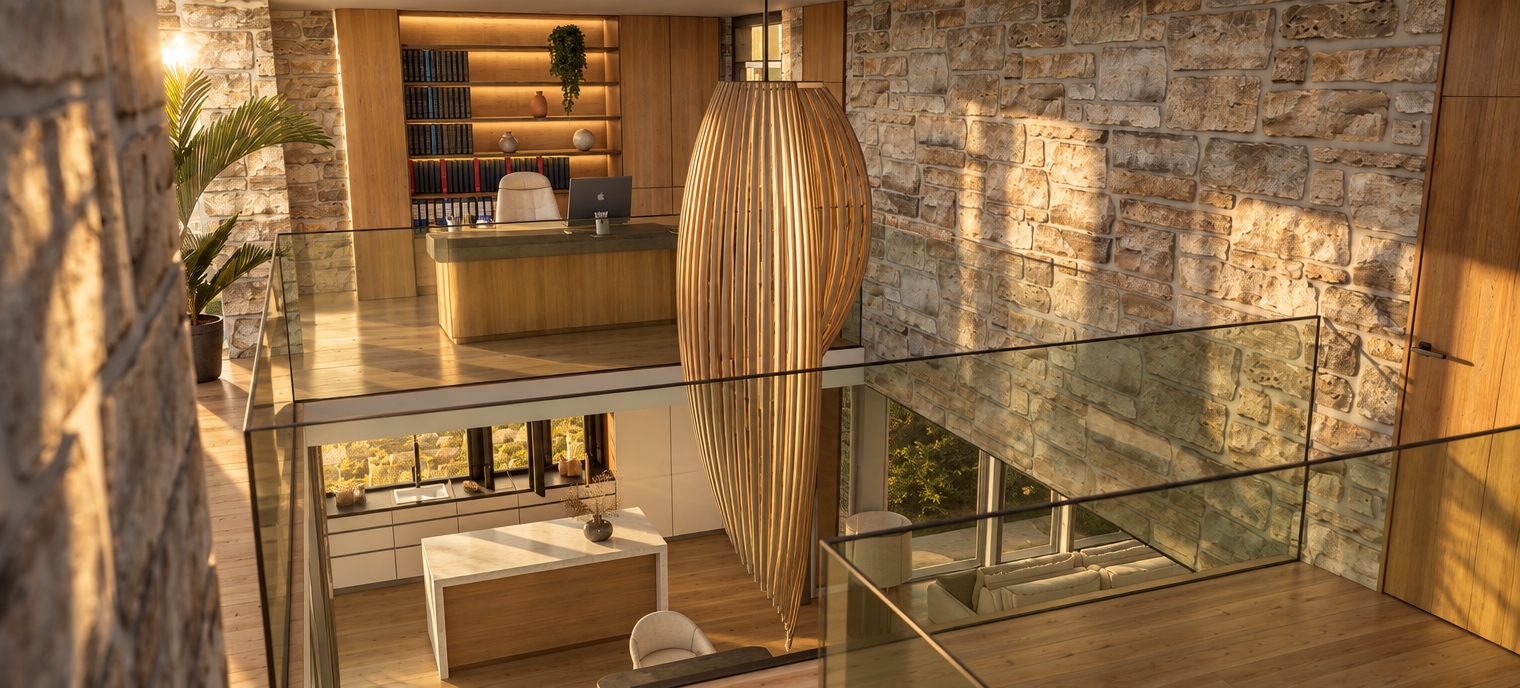 Architectural interior photograph taken during a golden sunrise, capturing the exact multi-level layout and perspective. Low-angle morning sunlight streams across the scene, casting long, soft shadows and illuminating the textured rustic stone masonry, warm natural wood grains, and the sculptural timber pendant. The glass railings feature realistic physical transparency, subtle edge-tinting, and faint surface reflections. Rendered with balanced dynamic range, sharp architectural focus, delicate lens flare, mild photographic grain, and subtle atmospheric dust motes catching the morning light to produce a completely photorealistic capture.
