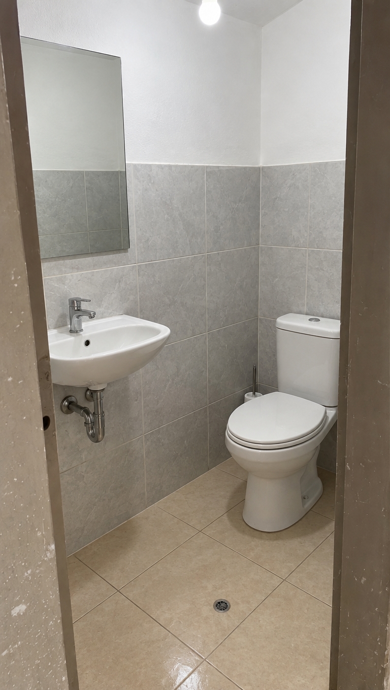 Authentic smartphone snapshot looking into a small, functional Peruvian home bathroom adhering strictly to the space's exact geometry and viewpoint. The floor is laid with beige ceramic tiles, while the walls are clad in light gray ceramic tiles up to 1.2 meters high, topped with plain matte white painted plaster. A simple white wall-hung ceramic sink with exposed chrome piping is mounted on the left wall beneath a clean rectangular mirror, balanced by a standard white ceramic toilet against the right wall. The interior is lit by a single overhead cool-white bulb casting direct, utilitarian shadows and subtle reflections across the glazed surfaces, captured with natural mobile sensor depth of field, minor digital grain, and authentic everyday domestic realism.