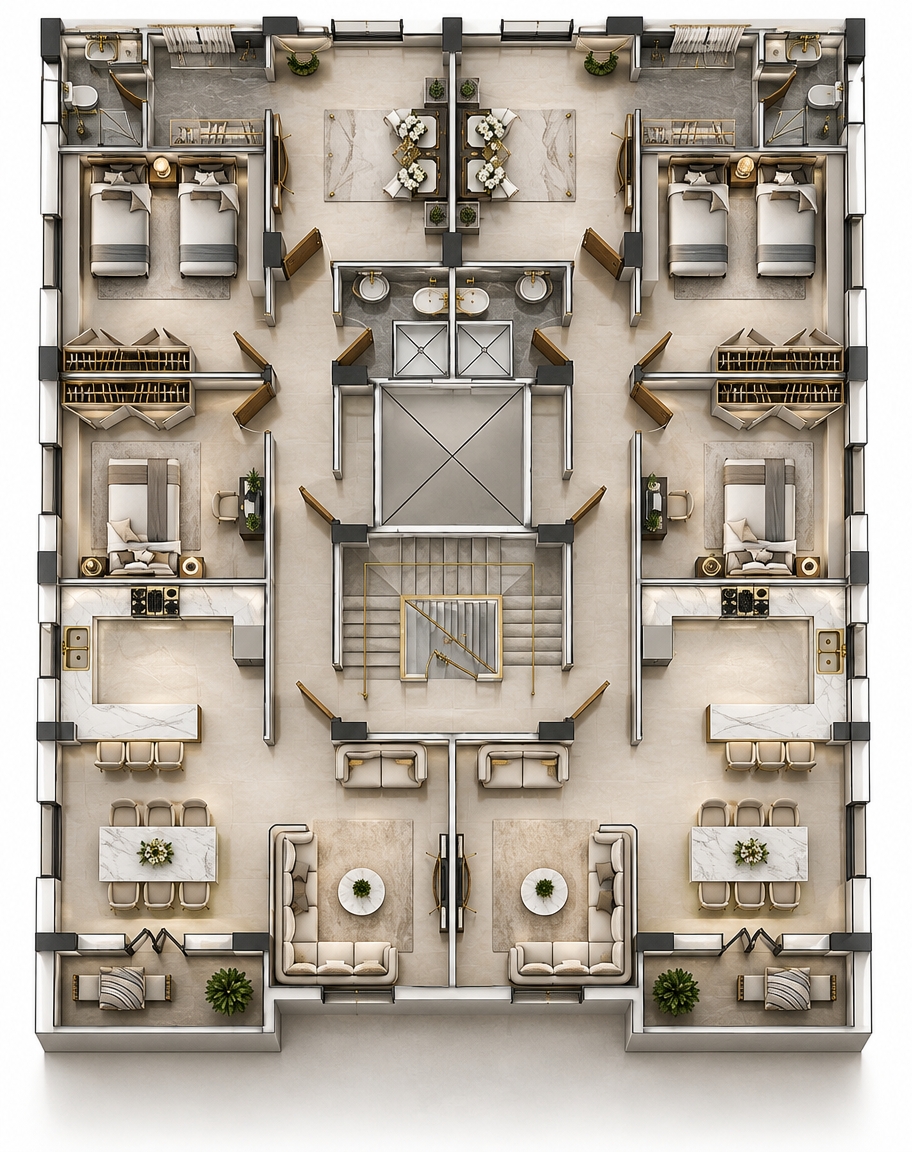 A cohesive modern interior design for the entire floor plan where the kitchen features a luxurious white and gold color palette, the reception area is styled in warm light beige, the bedrooms are designed in calming beige and sophisticated grey tones, and the bathrooms feature a matching modern grey aesthetic, photorealistic 3D architectural visualization.
