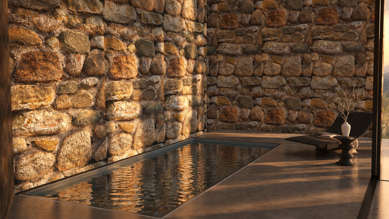An incredibly lifelike, richly detailed, photorealistic interior perspective of a tranquil mountain escape set in an alpine landscape. The scene is illuminated by the soft, golden hour glow of a setting sun filtering through glass, creating a cozy and inviting atmosphere. Captured with a 35mm lens, the rendering emphasizes the contrast between the rugged, hand-laid fieldstone wall and the sleek, dark-toned infinity-edge indoor pool. The space feels nestled within a high-altitude cabin, featuring a deep, earthy color palette of mossy greens, rich umber browns, and warm sand-toned neutrals that ground the architecture. To the side, a sculptural, charcoal-finished chaise lounge sits atop a smooth, matte-concrete floor, accompanied by a small pedestal table holding a delicate, white ceramic vase with wispy, sun-bleached branches. The composition draws the eye toward the mesmerizing, rippled surface of the water, which reflects the rustic texture of the stone walls, while shadows stretch elegantly across the floor, heightening the depth of the room. Details like the fine grain of the surrounding dark-timbered framework and the subtle, organic textures of the stone evoke a sense of quiet luxury, suggesting a serene sanctuary where the raw elements of nature meet refined, modern design.