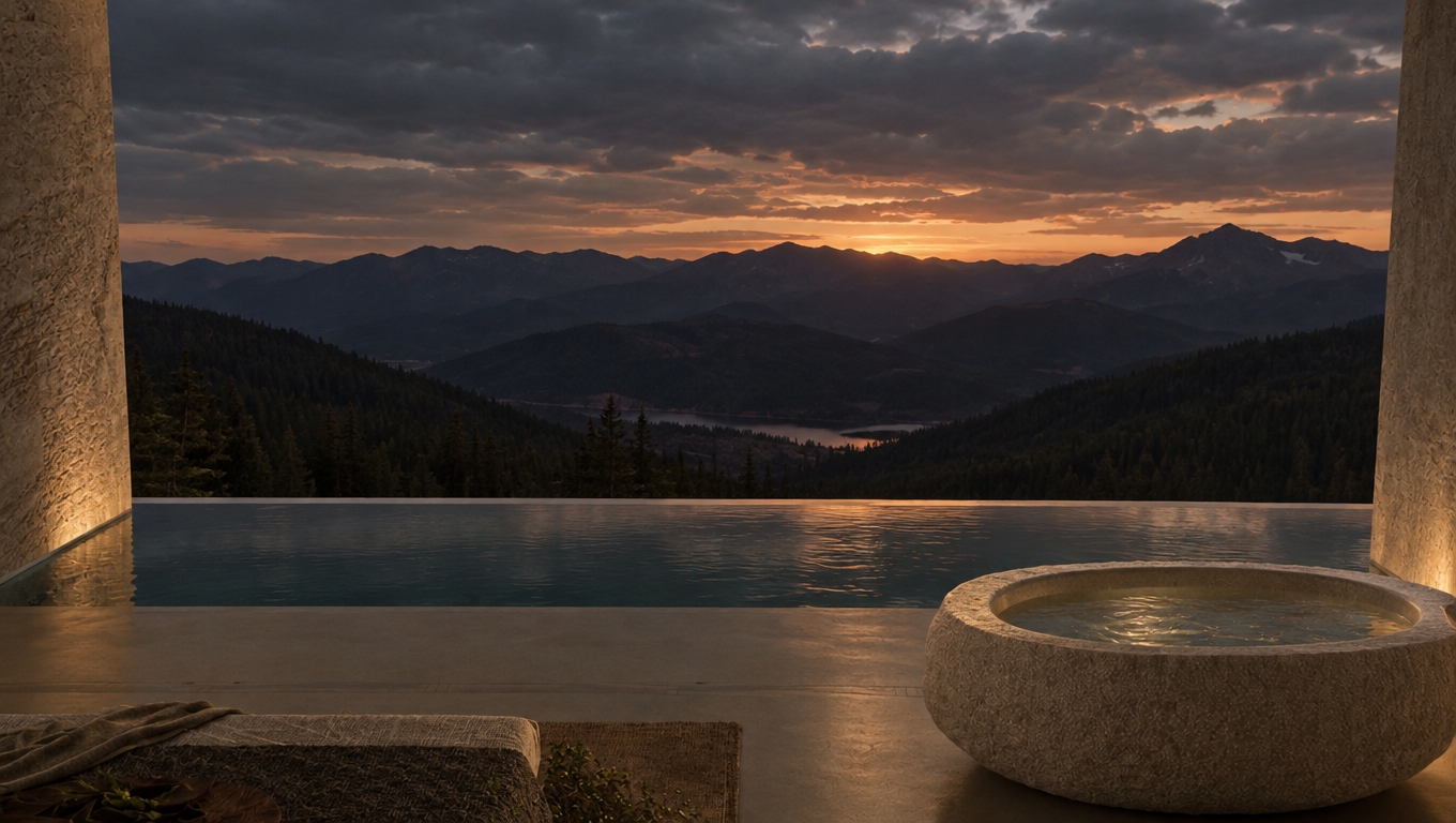 An incredibly lifelike, richly detailed, photorealistic interior shot of a serene mountain retreat set in a rugged alpine landscape. The scene is illuminated by the soft, dim glow of dusk, creating a meditative and deeply cozy atmosphere. Captured with a 35mm lens, the perspective emphasizes the tactile contrast between the rough, porous texture of the hand-carved stone soaking tub in the foreground and the smooth, minimalist architectural lines of the surrounding cabin. A reflection of the dark, moody horizon—where distant, rolling mountain silhouettes meet a brooding sky—shimmers across the narrow, integrated indoor-outdoor infinity pool that separates the living quarters from the vast exterior. The interior palette is composed of grounded, earthy tones of deep forest green, chocolate brown, and warm beige, complemented by hints of organic greenery that bring the outside in. Sturdy, log-hewn furniture and soft, layered textiles evoke a high-end cabin aesthetic, while the clean architectural framing of the window enhances the feeling of being nestled safely within the wild, dramatic landscape. The subtle interplay of shadow and light highlights the natural mineral imperfections of the stone, imbuing the space with a sense of grounded, timeless luxury.
