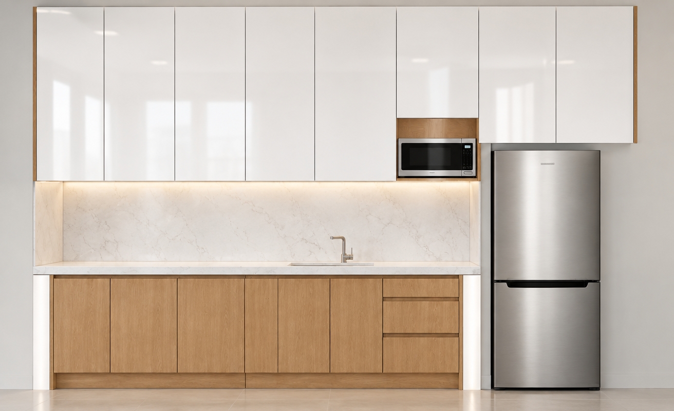 An incredibly lifelike, richly detailed, photorealistic interior elevation shot of a modern kitchen set in a serene, minimalist haven. The scene is illuminated by soft, diffused under-cabinet LED task lighting and a gentle ambient glow, creating a clean, sophisticated atmosphere. Captured with a 35mm lens, emphasizing the high-contrast textures of glossy white lacquered cabinetry, the cool, subtle veining of satin white quartz, and the warm, organic grain of natural oak lower units. The composition showcases a perfectly symmetrical balance between the seamless white upper storage and the grounded, tactile wooden base, punctuated by the refined brushed stainless steel finish of the integrated refrigerator and microwave. The pristine quartz backsplash catches the light with a soft, matte sheen, while the integrated, minimalist faucet adds a touch of precision, resulting in a space that feels both highly functional and artistically curated.