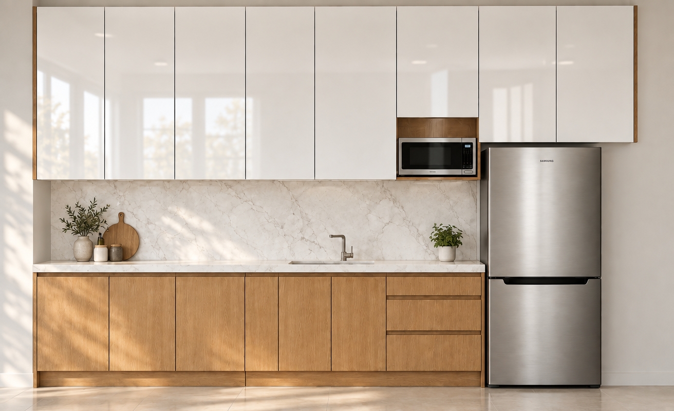 An eye-level architectural photograph of the minimalist kitchen, captured with the vertical quartz end-panel beside the refrigerator removed so the base cabinetry meets the refrigerator naturally. Soft, diffused natural daylight illuminates the scene, highlighting the fine grain of the warm wood lower cabinets, subtle veining on the marble backsplash and countertop, smooth reflections on the upper gloss cabinets, and fine brushed texture on the stainless steel refrigerator. Captured with a sharp 50mm lens, the image features balanced ambient lighting, gentle natural falloff, and subtle photographic depth.