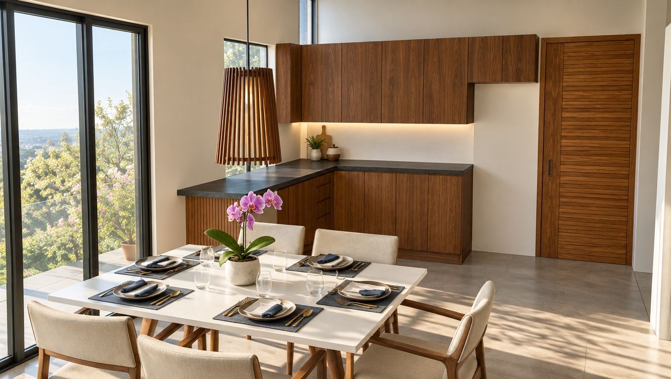 An incredibly lifelike, richly detailed, photorealistic interior shot of a dining and kitchen area set in a mid-century modern home during a bright spring midday. The scene is illuminated by soft, natural sunlight filtering through large floor-to-ceiling windows, creating a warm, airy, and serene atmosphere. Captured with a 35mm wide-angle lens, the image emphasizes the rich grain of the warm walnut cabinetry and the sleek, matte-finish charcoal countertops.

The composition highlights a clean-lined, clutter-free aesthetic where functionality meets organic elegance. A contemporary dining set takes center stage, featuring a crisp white table adorned with tasteful place settings and a vibrant potted orchid that introduces a pop of natural color. Above, a statement slatted-wood pendant light hangs low, casting rhythmic shadows that play across the floor. In the background, a beautifully crafted teak door adds a tactile, retro element to the space, while subtle touches of earth tones and muted blues throughout the decor reinforce the timeless, mid-century modern narrative. The entire space exudes a sense of calm sophistication, perfectly balancing architectural minimalism with a comfortable, lived-in feel.