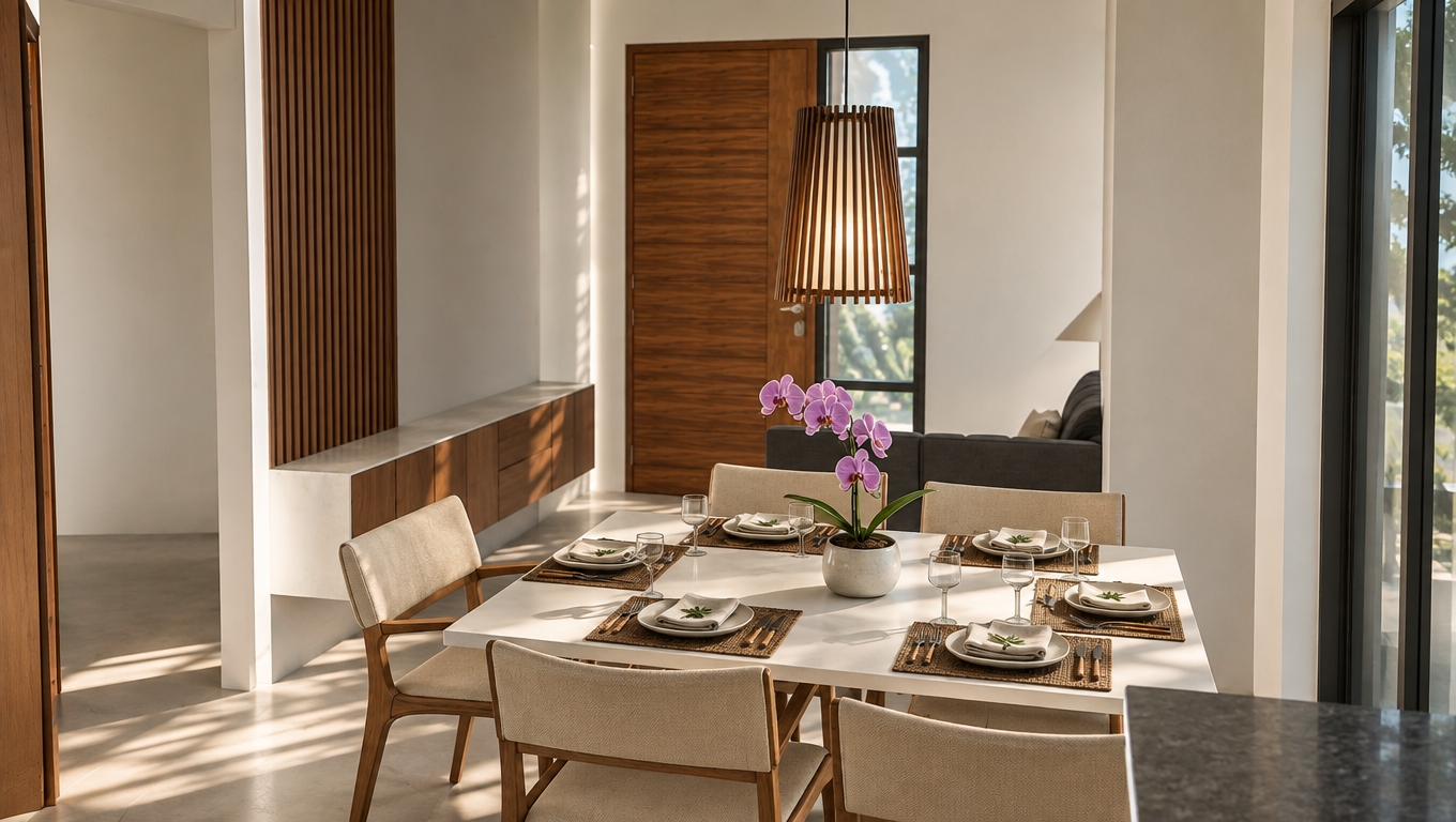 An incredibly lifelike, richly detailed, photorealistic interior shot of a mid-century modern dining room set in a sophisticated urban home. The scene is illuminated by soft, natural midday light filtering through a window, creating a serene, timeless atmosphere. Captured with a 35mm lens, emphasizing the rich, grain-heavy textures of the teak dining chairs and the polished walnut wall paneling.

The composition centers on a sleek, matte white dining table perfectly set for four, featuring organic stoneware and minimalist place settings, anchored by a vibrant potted phalaenopsis orchid in a ceramic vessel. Above, a slatted timber pendant light casts delicate, linear shadows across the room, enhancing the uncluttered, functional aesthetic. Earthy tones dominate the space, punctuated by subtle accents of muted blue in the peripheral decor and warm orange hues in the natural wood grains. The clean, linear geometry of the room, paired with the thoughtful placement of mid-century furnishings, evokes a sense of curated calm, reminiscent of a high-end architectural photography book.