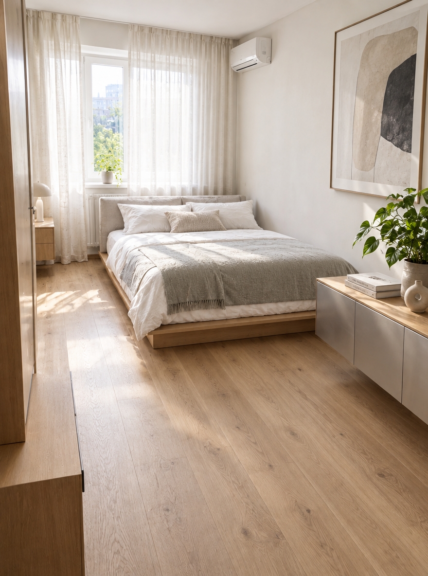 An incredibly lifelike, richly detailed, photorealistic wide-angle interior photograph of a minimalist bedroom sanctuary set in an airy urban apartment during a bright spring midday. The scene is illuminated by soft, diffused natural daylight streaming through sheer linen window treatments, creating a serene, uncluttered, and Zen-inspired atmosphere. Captured with a professional 24mm prime lens, emphasizing the natural grain of pale Scandinavian oak flooring, smooth matte plaster walls in warm off-white, and the tactile weave of monochromatic bedding. 

Replacing the cramped and busy layout, the reimagined space centers around a low-profile natural wood platform bed dressed in layers of crisp white, dove-gray, and subtle pastel linen. The once-crowded walls are stripped back to feature a single oversized piece of minimalist abstract wall art hung above a streamlined floating credenza made of brushed metal and light wood. Surface clutter has vanished, replaced thoughtfully by a hardcover photography book, a sculptural ceramic vase, and a vibrant potted indoor plant catching the sun. The resulting environment is an elegant, highly functional haven defined by clean lines, spatial balance, and restorative calm.