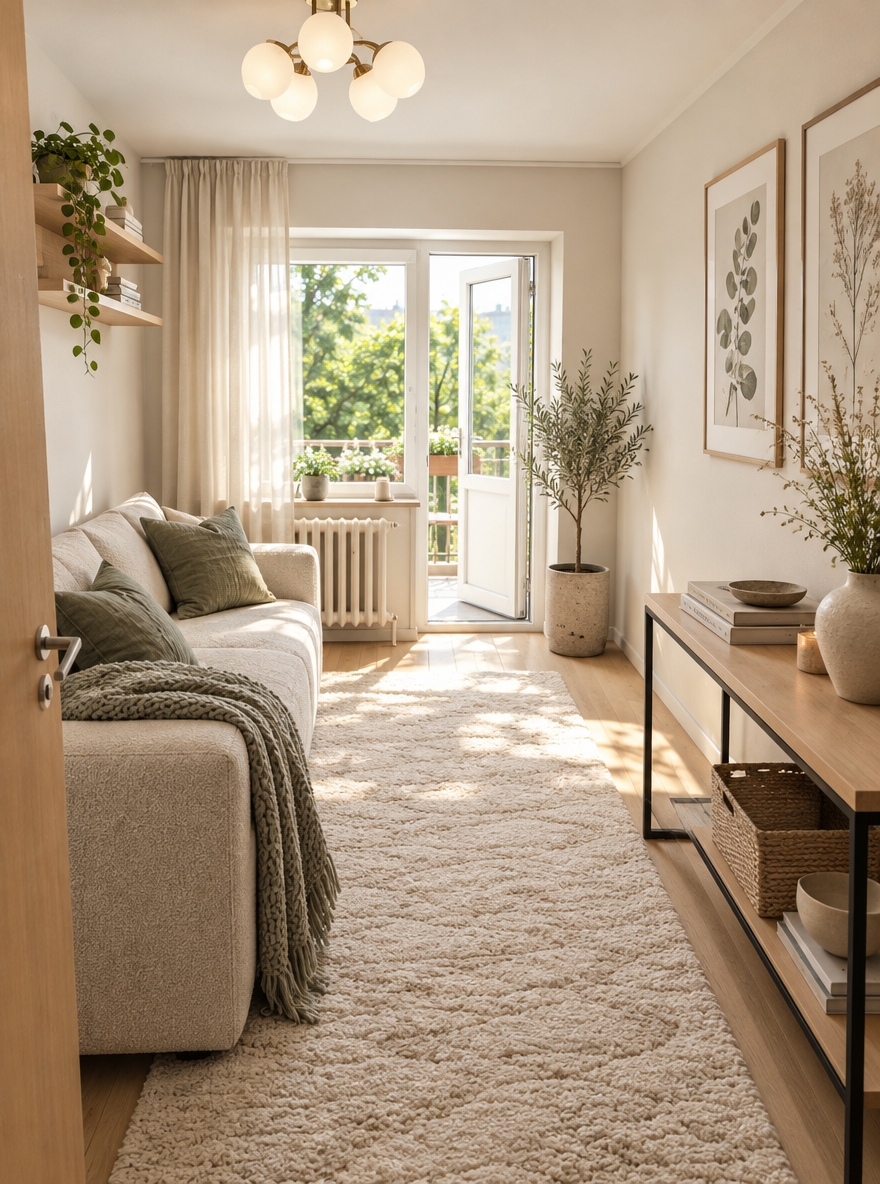 An incredibly lifelike, richly detailed, photorealistic wide-angle interior photograph of a reimagined Scandinavian sanctuary living room set in a bright, renovated urban apartment. The scene is illuminated by soft, abundant midday summer sunlight filtering through unobstructed, modernized floor-to-ceiling balcony glass doors, creating a serene, tranquil, and deeply inviting hygge atmosphere. Captured with a 24mm tilt-shift architectural lens, emphasizing the fine grain of pale white-oak flooring, tactile bouclé and washed linen textiles, and smooth matte-painted surfaces. 

The narrow room has been visually widened and refreshed with a calming color palette of warm whites, gentle heather grays, and soft eucalyptus greens. Replacing the heavy clutter, the left wall features a tailored, low-profile two-seater sofa in warm oat-colored bouclé adorned with muted moss-green linen cushions and a chunky knit throw, floating gracefully over a plush, organic-patterned cream wool runner rug. Opposite, a minimalist slim console table crafted from blonde ash wood and matte-black steel holds a curated stack of hardcover photography books and a sculptural ceramic vase with wild grasses. Above it, framed minimalist nature-inspired botanical prints replace the dated posters, introducing refined elegance. At the far end, the balcony door opens toward lush outdoor greenery, complemented indoors by a potted olive tree catching the bright summer light, completing a perfectly balanced, functional, and breathable modern retreat.