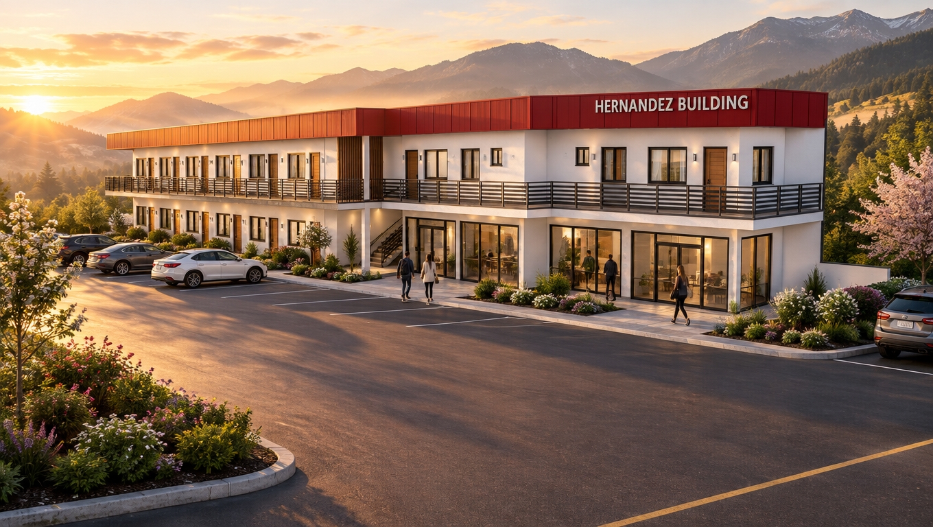 An incredibly lifelike, richly detailed, photorealistic wide-angle architectural exterior shot of the Hernandez Building set in a lush, mountainous valley during a breathtaking spring sunrise. The scene is illuminated by the soft, honey-toned glow of early morning sunlight that casts long, gentle shadows and illuminates the crisp white stucco façade and the vibrant, deep-red metal trim of the roofline, creating a serene and welcoming atmosphere. Captured with a 35mm lens, the image emphasizes the crisp contrast between the modern, clean lines of the building’s upper-level balconies and the expansive, floor-to-ceiling glass storefronts on the ground level, which reflect the nascent sky. The surrounding environment is teeming with life: manicured pockets of blooming spring flora and ornamental shrubs soften the building's edge, while a few stylish, modern cars are parked neatly along the smooth asphalt frontage, and a handful of pedestrians walk briskly toward the entrance, imbuing the space with a sense of daily productivity. In the background, the soft, mist-covered silhouettes of rolling mountains emerge through the golden-orange morning haze, grounding the structure in a peaceful, natural sanctuary that perfectly balances contemporary utility with the tranquility of a spring morning escape.