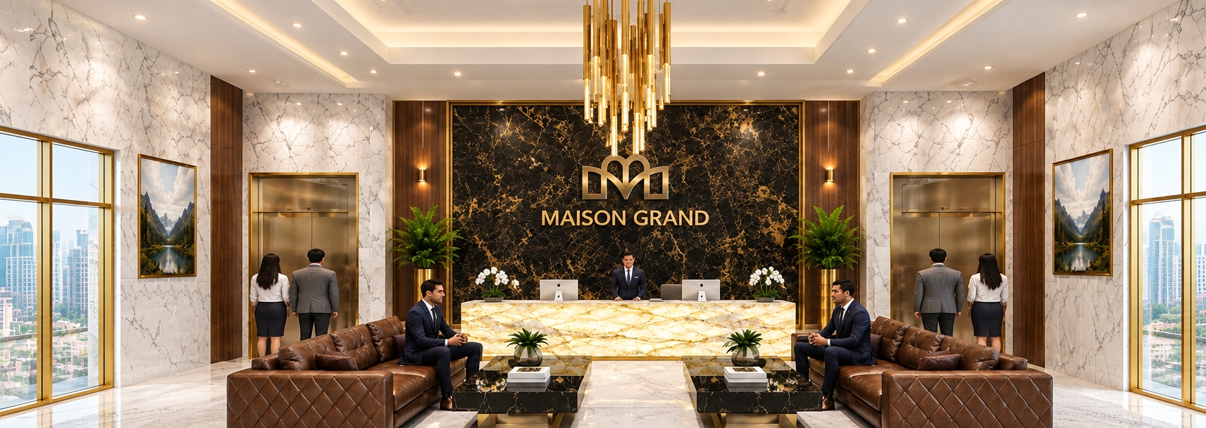 An incredibly lifelike, richly detailed, photorealistic wide-angle shot of a high-end hotel lobby set in a bustling metropolitan environment during a bright spring midday. The scene is illuminated by a combination of soft, recessed ceiling lighting and the warm, golden glow radiating from the translucent onyx reception desk, creating a sophisticated and welcoming atmosphere. Captured with a 24mm wide-angle lens, emphasizing the crisp contrast between the polished white marble veining and the deep, dramatic black marble focal wall that houses the gilded "MAISON GRAND" signage.

The lobby serves as a minimalist haven, defined by its uncluttered, streamlined design and symmetrical layout. Twin tufted cognac leather sofas anchor the foreground, balanced by sleek, low-profile black marble coffee tables that reflect the intricate gold-finished chandelier overhead. The space is anchored in a Zen-inspired aesthetic, featuring clutter-free surfaces and understated, refined accents like the precisely placed white orchids and vibrant green indoor potted plants that breathe life into the monochromatic palette of white, gray, and gold. Large, floor-to-ceiling windows framed in brushed gold offer glimpses of the city, flooding the space with crisp, natural daylight while maintaining an elegant, quiet composure.