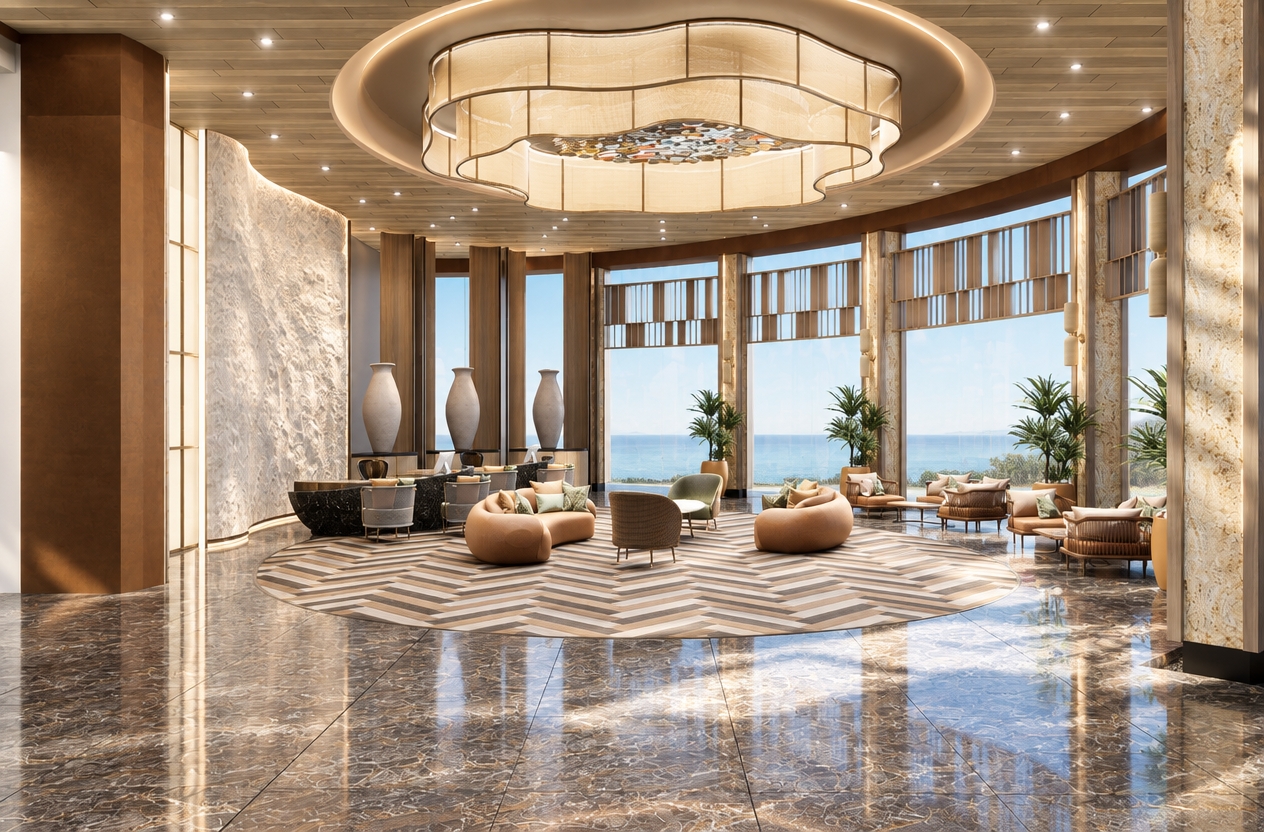 An incredibly lifelike, richly detailed, photorealistic wide-angle interior shot of a luxury hotel lobby set in a bright, sun-drenched summer midday. The scene is illuminated by soft, natural light streaming through expansive floor-to-ceiling windows, creating an airy, sophisticated atmosphere that highlights the interplay between shadow and warmth. Captured with a 24mm tilt-shift lens, emphasizing the intricate herringbone flooring patterns and the polished, deep-veined stone tiles that anchor the grand space.

The lobby exudes contemporary elegance through a refined palette of warm whites, champagne, and soft grays. At the heart of the room, a magnificent, multi-tiered sculptural chandelier casts a gentle glow over tailored, curvaceous lounge seating upholstered in rich, earthy textures. To the left, a sweeping, textured feature wall mimics the organic look of carved stone, balanced by slim metallic accents on the reception desk and vertical privacy fins. Curated potted greenery brings life to the periphery, while the clean-lined architecture feels balanced and intentional, evoking the quiet luxury found in the pages of a premier architectural photography book.