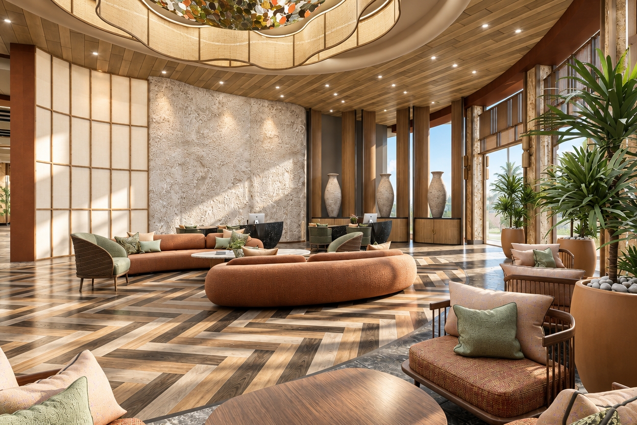 A crisp architectural photograph of the lobby bathed in bright, clear midday spring light streaming through the expansive windows, naturally balanced by subtle, warm recessed ceiling spots. Retaining the exact layout and composition, the image features authentic material physics: tactile, rough plaster relief on the curved accent wall, realistic wood grain and soft satin reflections on the herringbone flooring, and rich woven texture on the curved terracotta sofas and upholstered armchairs. Indoor plants display lively, waxy leaves with natural subsurface scattering. Shot on a wide-angle prime lens with deep depth of field, accurate color balance, gentle ambient occlusion shadows, and a hint of natural photographic grain.