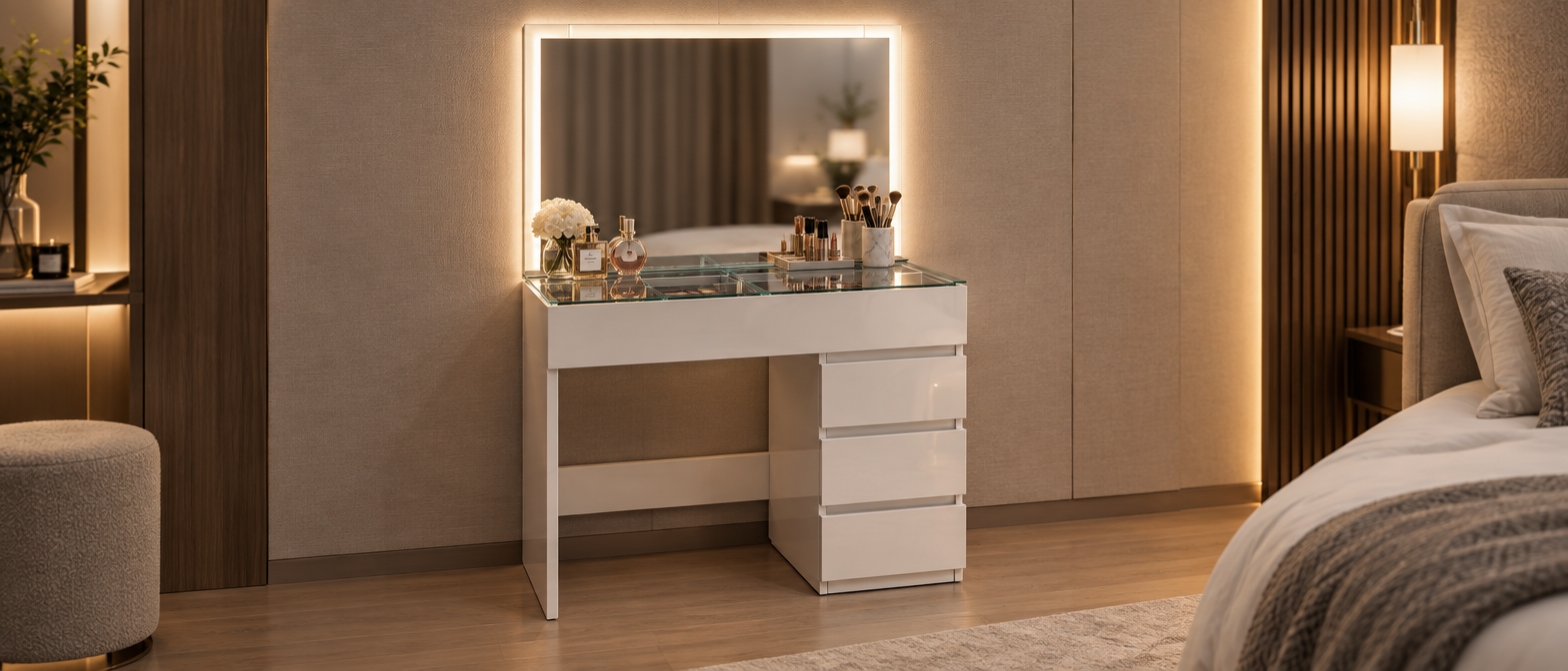 An incredibly lifelike, richly detailed, photorealistic eye-level interior shot of a bespoke vanity station set in a sophisticated, contemporary hotel suite. The scene is illuminated by a soft, diffused LED halo glowing from behind the mirror, creating a serene, luxurious atmosphere. Captured with a 35mm lens, emphasizing the crisp textures of the high-gloss white cabinetry and the subtle, cool-toned reflection of the glass-topped organizer. 

The vanity serves as a focal point, featuring a sleek, modern silhouette with a clean glass inlay that reveals an assortment of curated, premium makeup products and artisanal brushes neatly organized within. The ambient backlight casts a gentle, ethereal glow against the neutral-toned wall, highlighting the smooth, lacquered finish of the three-drawer pedestal. The composition is perfectly balanced, with the polished glass surface subtly catching the ambient light of the room, while the surrounding environment suggests a tranquil, upscale bedroom setting with hints of textured wall paneling and warm, ambient secondary lighting. The depth of field is shallow, pulling focus to the fine details of the cosmetics while allowing the luxurious hotel suite context to soften into an elegant, out-of-focus background.