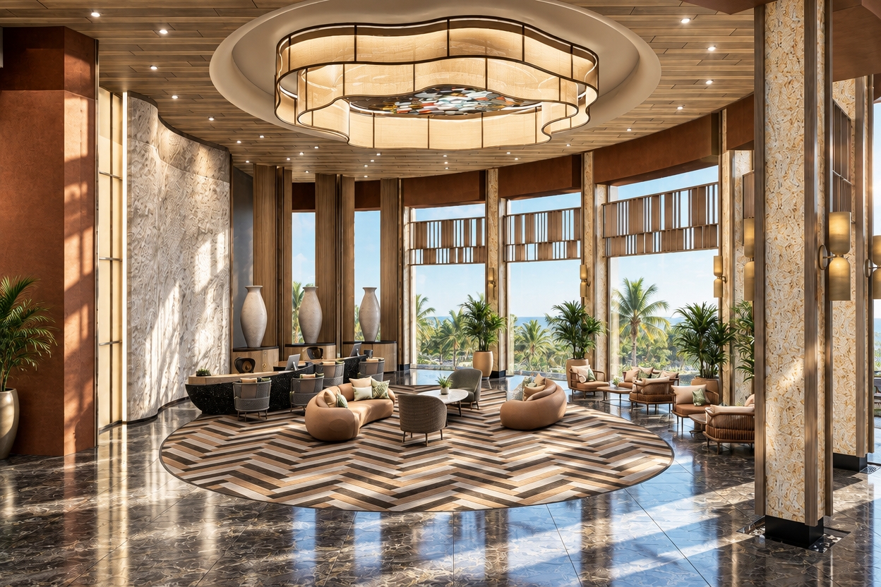 A professional architectural photograph of the luxurious hotel lobby taken at bright midday in summer, shot on a wide-angle tilt-shift lens with natural perspective and crisp focus throughout. Hard, vibrant summer sunlight streams through the tall perimeter windows, balancing the warm ambient glow of the layered ceiling fixture and casting sharp, natural daylight reflections across the polished dark marble flooring. Surfaces display tactile realism, from the micro-texture of the herringbone patterned rug and soft fabric upholstery to the natural grain of the wood paneling, rough stone textures, and authentic gloss on the ceramic vases. The exposure balances the bright exterior light with the cooler interior shadows, finished with subtle lens bloom, faint photographic grain, and gentle corner vignetting for true-to-life realism.