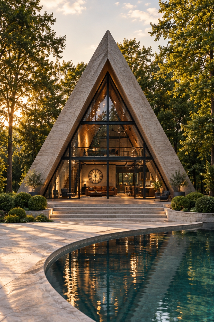 An incredibly lifelike, richly detailed, photorealistic wide-angle architectural exterior shot of a monumental A-frame residence set in a lush, verdant forest estate. The scene is illuminated by the soft, directional golden hour sunlight of late afternoon, creating a serene, sophisticated atmosphere with long, elegant shadows and dappled light filtering through the canopy. Captured with a Phase One XF IQ4 medium format camera and a 35mm lens, the rendering emphasizes the brutalist texture of the board-formed concrete facade contrasted against the warm, inviting interior glow.

The architecture is a masterclass in geometric precision, featuring a towering, monolithic A-frame structure finished in raw, light-gray poured concrete that exudes an industrial, rugged permanence. Within this massive frame, the design reveals an airy, high-end loft aesthetic. Through the expansive floor-to-ceiling glass walls, the interior is visible as a curated industrial haven. Exposed structural steel beams and reclaimed wood elements frame the living spaces, where the decor leans into a sophisticated palette of charcoal black, slate gray, and oxidized rust. 

A vintage cognac leather sofa anchors the primary living area, positioned near a statement industrial wall clock that catches the interior ambient light. Polished concrete floors reflect the warm glow of designer lighting and hidden ductwork overhead, highlighting the warehouse-inspired spatial volume. The transitions between the indoors and the manicured grounds are seamless, with stone steps leading from a limestone-tiled terrace into a serene, winding infinity pool that hugs the curve of the building. 

The composition is perfectly symmetrical, balancing the vertical thrust of the concrete spire with the horizontal flow of the serpentine pool edge and meticulously trimmed topiary bushes. The surrounding landscape, rich with deep greens and towering deciduous trees, provides a soft, organic frame that enhances the sharp, architectural edges of the residence. The depth of field is expertly managed, keeping the sharp, granular textures of the concrete in crisp focus while the distant foliage blurs into a soft, picturesque bokeh, grounding this visionary project in a natural, tranquil reality.