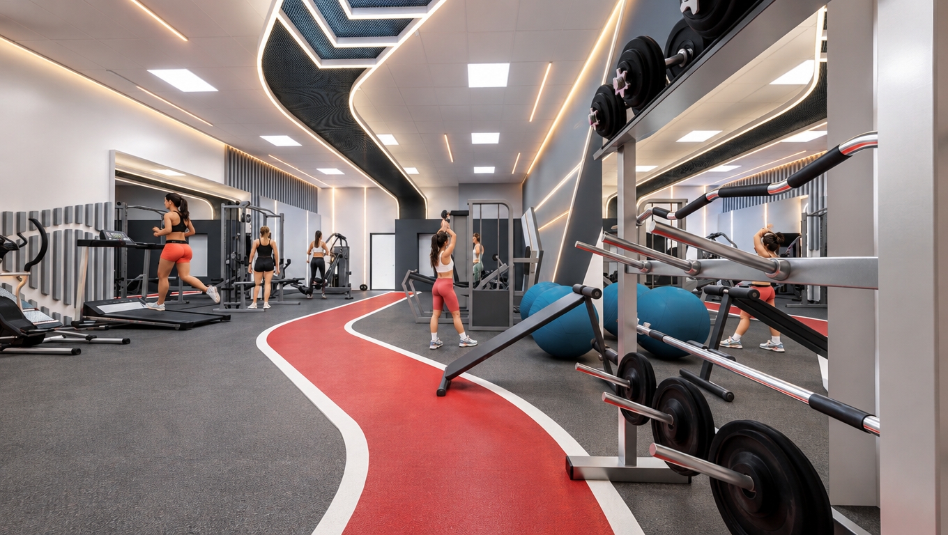 An incredibly lifelike, richly detailed, photorealistic wide-angle architectural photograph of a high-end women’s fitness club, captured from a perspective that emphasizes the fluid, modern spatial layout and the striking, custom-designed ceiling architecture. The scene is illuminated by a sophisticated, layered lighting scheme: crisp, daylight-balanced cool white light spills from flush-mounted 60x60 ceiling panels, contrasting beautifully with the warm, golden-amber glow of integrated linear lighting that traces the gym's dynamic, curved ceiling features. The atmosphere is vibrant and professional, with realistic female athletes captured in natural, mid-motion exercises—one woman maintains a steady pace on a sleek, high-grade treadmill, while another works out with free weights, their athletic apparel rendered with realistic fabric textures and natural movement. The materials are rendered with tactile precision: the gray rubber granule flooring exhibits a tangible, porous texture, while the overhead blue and black perforated metal panels show subtle, metallic-sheen light scattering and realistic industrial craftsmanship. The white powder-coated metal partitions frame the zones with architectural rigor, catching soft, realistic highlights and casting gentle ambient shadows that ground the equipment within the space. Captured with a professional-grade full-frame camera and a 24mm tilt-shift lens to ensure perfectly vertical lines and expansive depth, the image achieves a perfect balance of HDR exposure, authentic material roughness, and soft, natural contact shadows, resulting in a premium, lived-in environment that feels entirely tangible rather than digital.